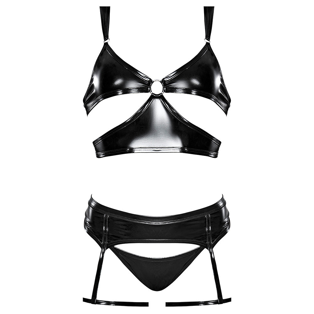 Sexy Exposed Liquid Onyx Wet Look Cutout 3-Piece Lingerie Set for Curvy Women - Perfect for Valentine's Day, Boudoir Photography & Romantic Nights