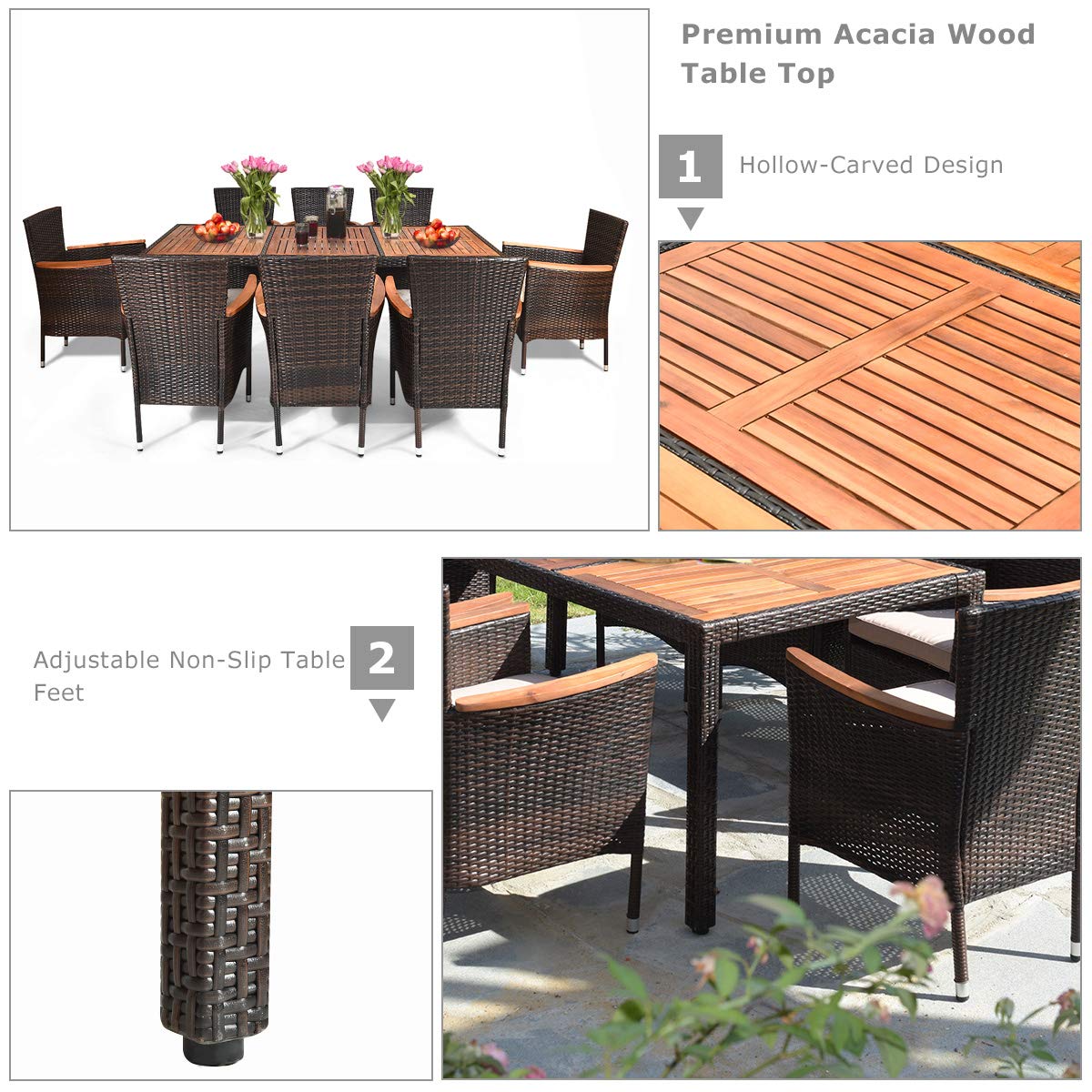 Tangkula 9-Piece Outdoor Dining Set with Acacia Wood Table & Stackable Armchairs - Patio Garden Furniture with Weather-Resistant Wicker & Cushions - Perfect for Backyard BBQs, Poolside Dining & Outdoor Entertaining