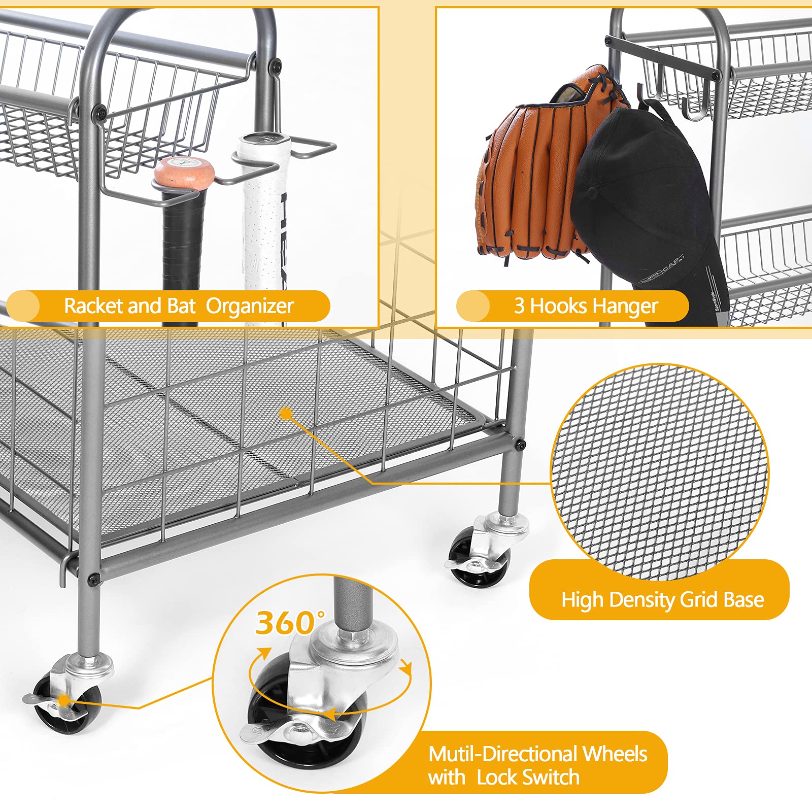 Kinghouse Heavy-Duty Steel Garage Sports Equipment Organizer - Ball Storage Rack & Toy Organizer with Wheels for Nerf Guns, Basketballs, Soccer Balls - Perfect for Garage, Playroom & School Organization (Grey)