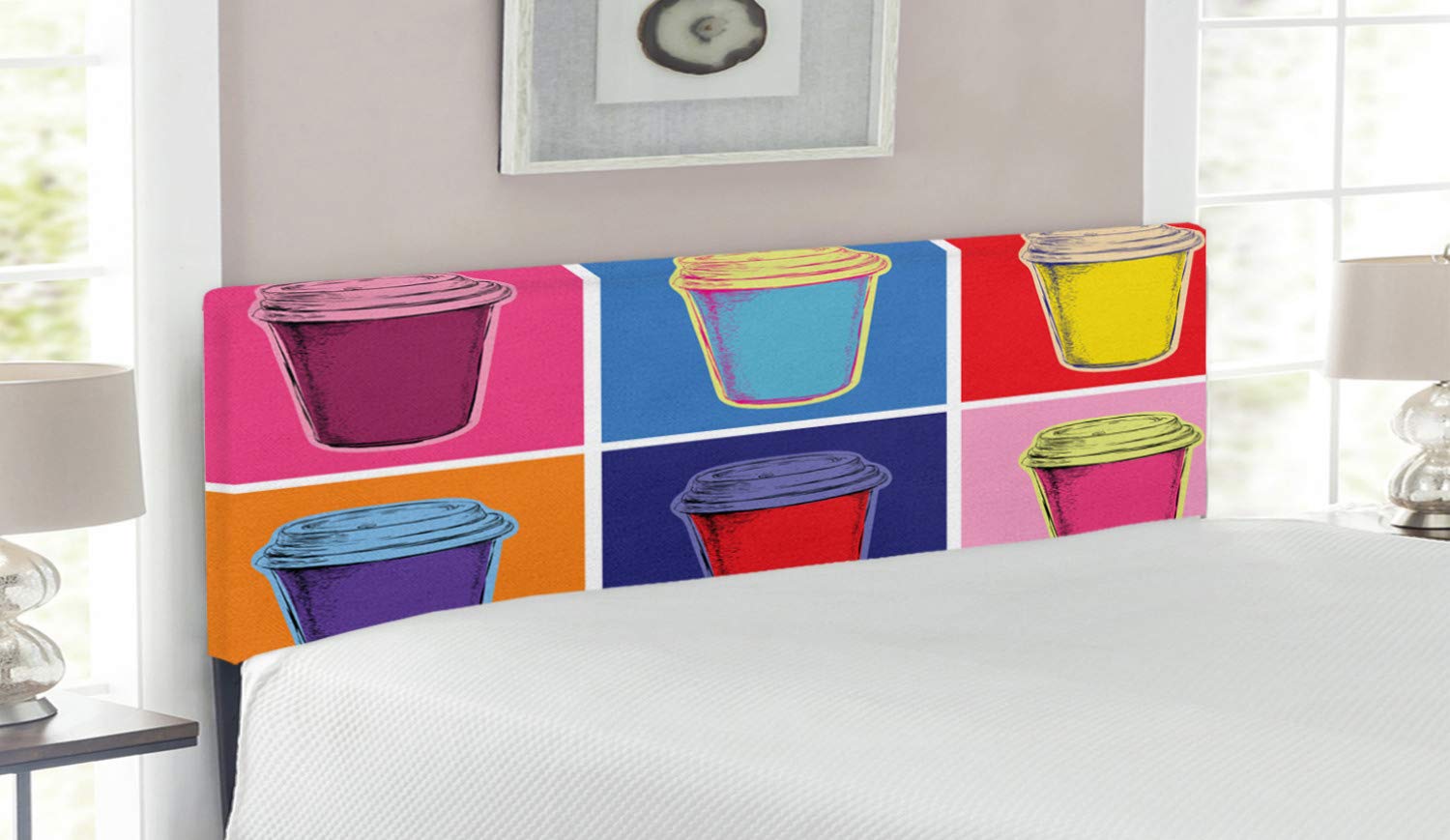 Ambesonne Queen Size Upholstered Headboard - Modern Pop Art Coffee Cup Design with Memory Foam, Colorful Framed Metal Bed Headboard for Contemporary Bedrooms | Perfect for Coffee Lovers' Home Decor & Bedroom Upgrade