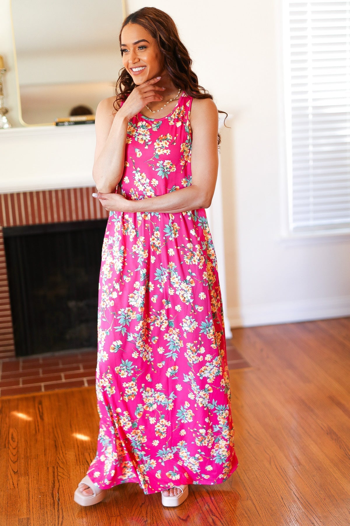 Elegant Pink Floral Print Fit and Flare Sleeveless Maxi Dress for Women | Summer Beach Wedding Party Dress | Perfect for Vacations, Date Nights & Special Occasions