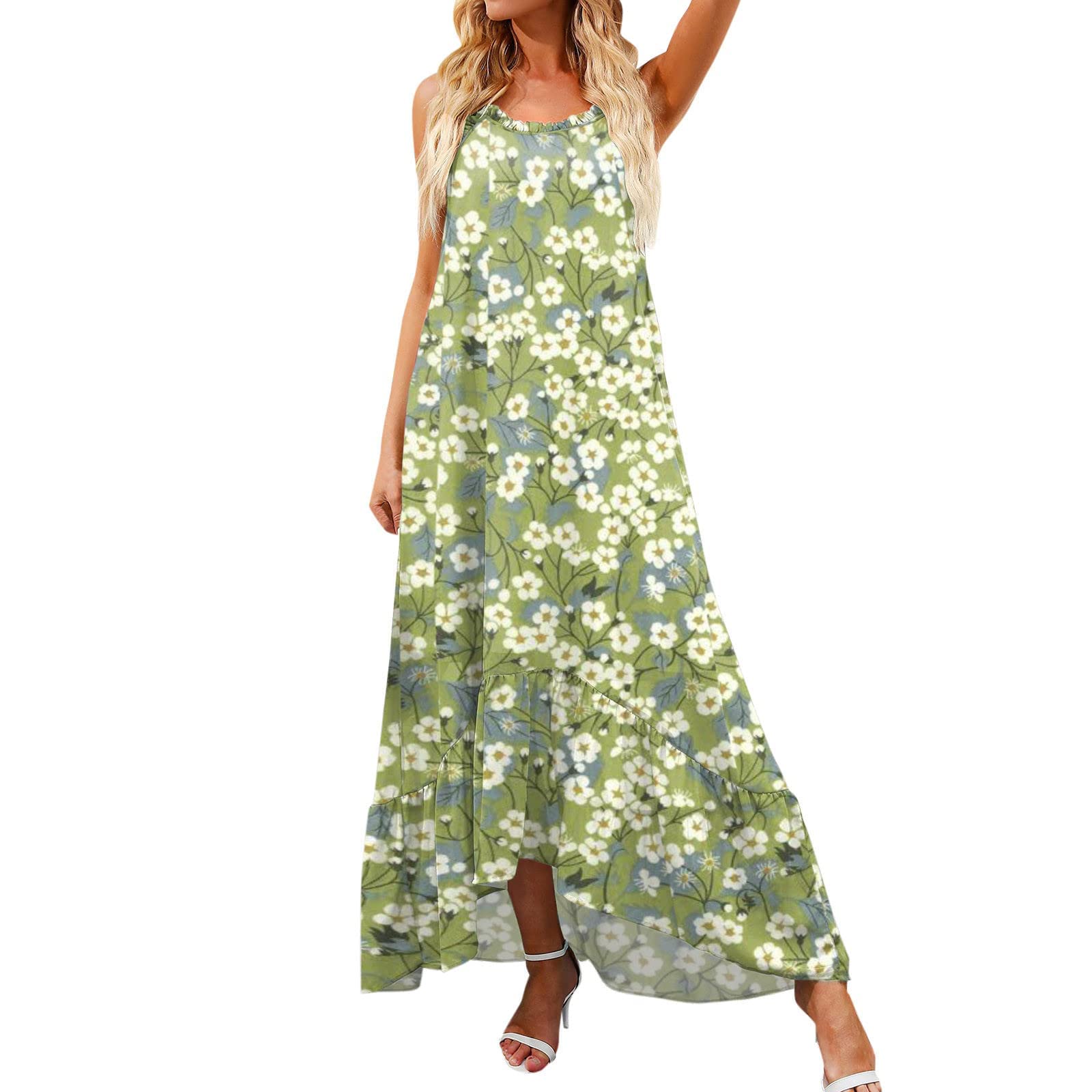 2022 Women's Summer Dresses - Floral Print Casual Sleeveless Chiffon Beach Dress with Round Neck & V-Neck Options | Perfect for Vacation, Beach Outings, and Summer Parties