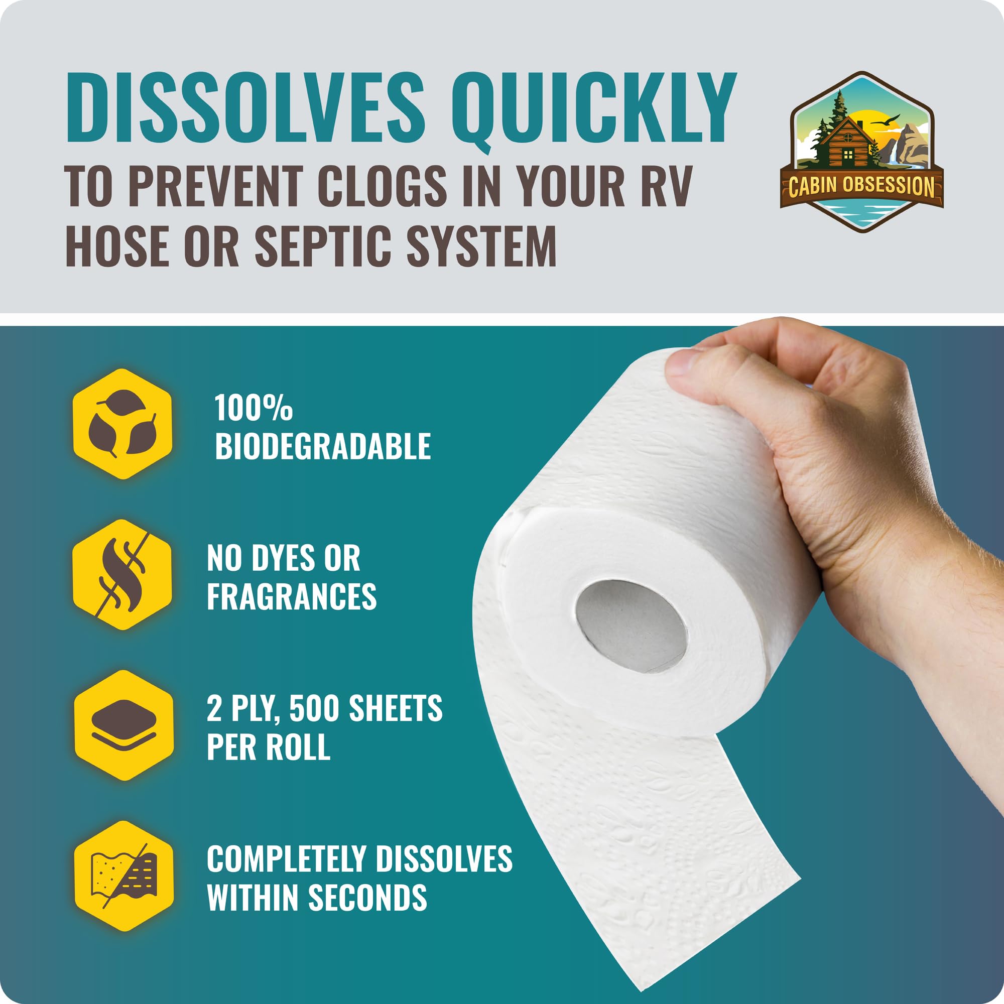 **Septic Safe RV Toilet Paper - 12 Pack Quick Dissolving 2-Ply Camper Toilet Paper for RVs, Boats & Camping | Prevents Clogs in Septic Tanks & Marine Toilets | Ideal for Road Trips & Outdoor Adventures**