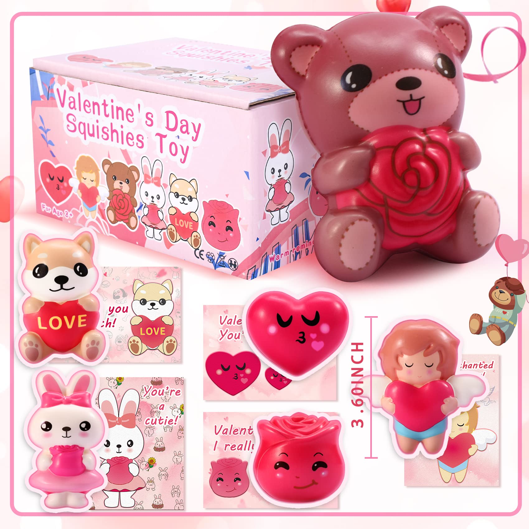 Valentine's Day Squishy Toys 6 Pack - Soft Stress Relief for Kids Party Favors & Gifts