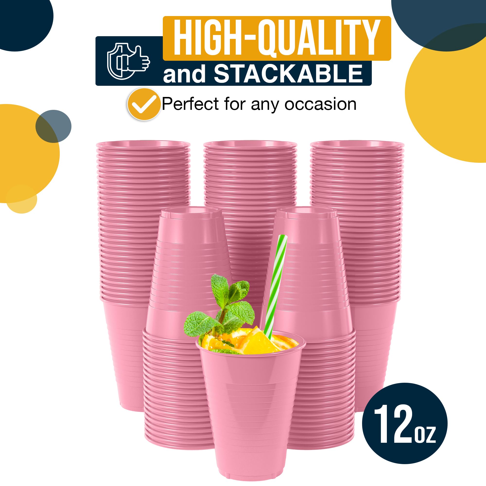 50 Pack 12 oz Elegant Pink Party Cups - Disposable Plastic Cups for Birthday, Wedding, Baby Shower & Holiday Celebrations - Perfect for Drinks, Cocktails & Beverages