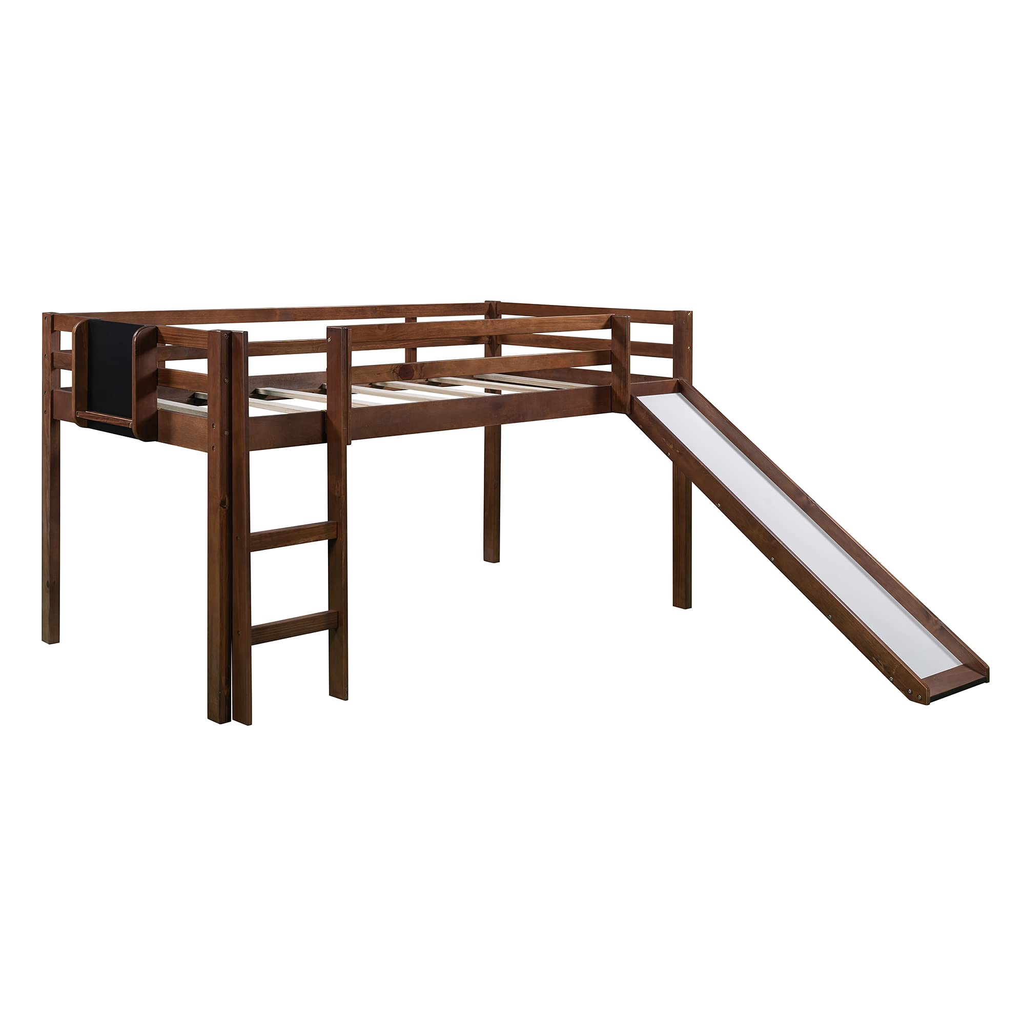 Low Loft Bed with Slide for Kids - Twin Size Wooden Loft Bed Frame with Chalkboard, Guardrails & Ladder - Space-Saving Walnut Loft Bed for Boys, Girls & Teens - Perfect for Small Bedrooms, Playrooms & Dorm Rooms