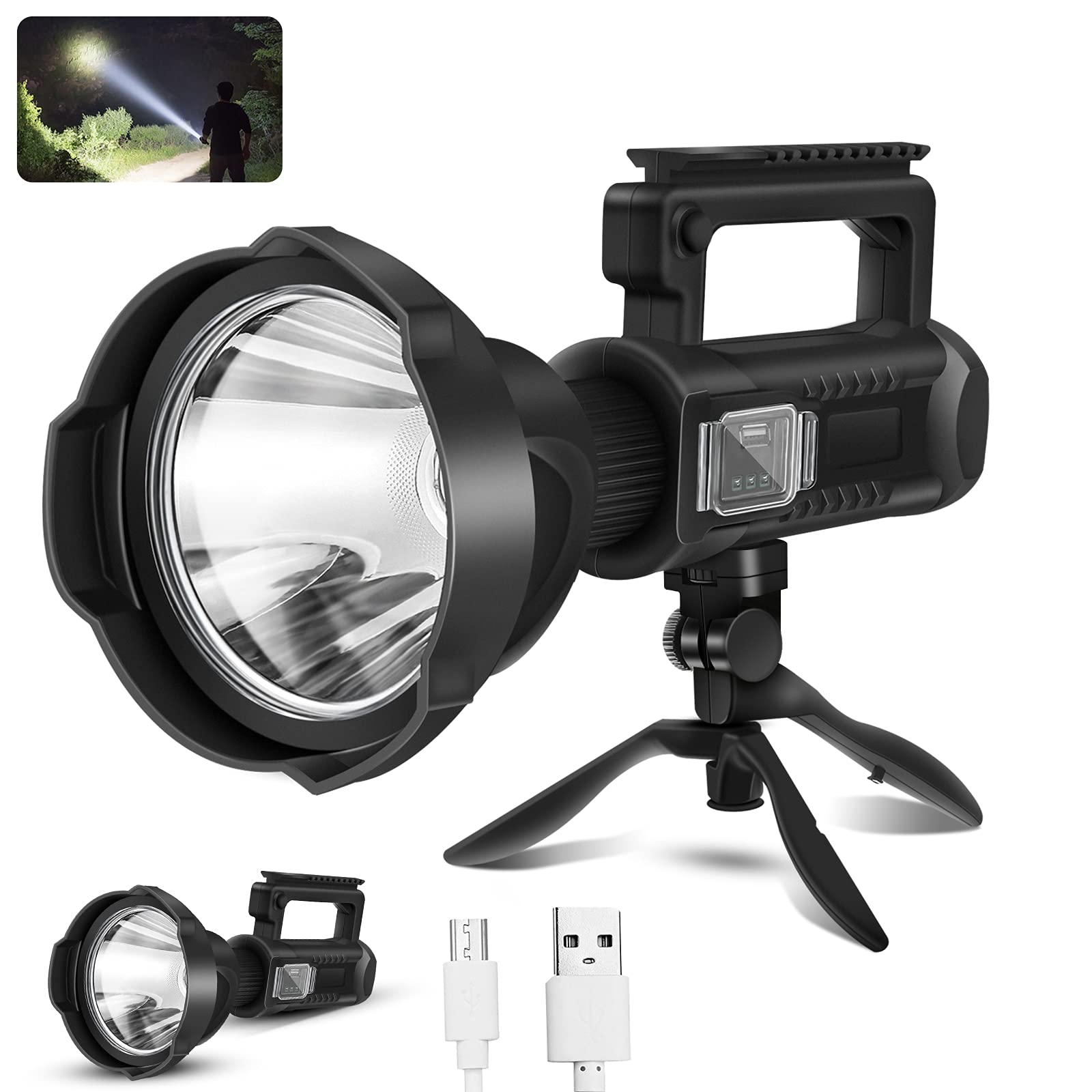 100,000 Lumens Rechargeable LED Spotlight Flashlight - Super Bright Waterproof Searchlight with 4 Modes, Tripod & Adjustable Handle - Perfect for Fishing, Hiking, Camping, Hunting, Emergency & Outdoor Adventures (Black)