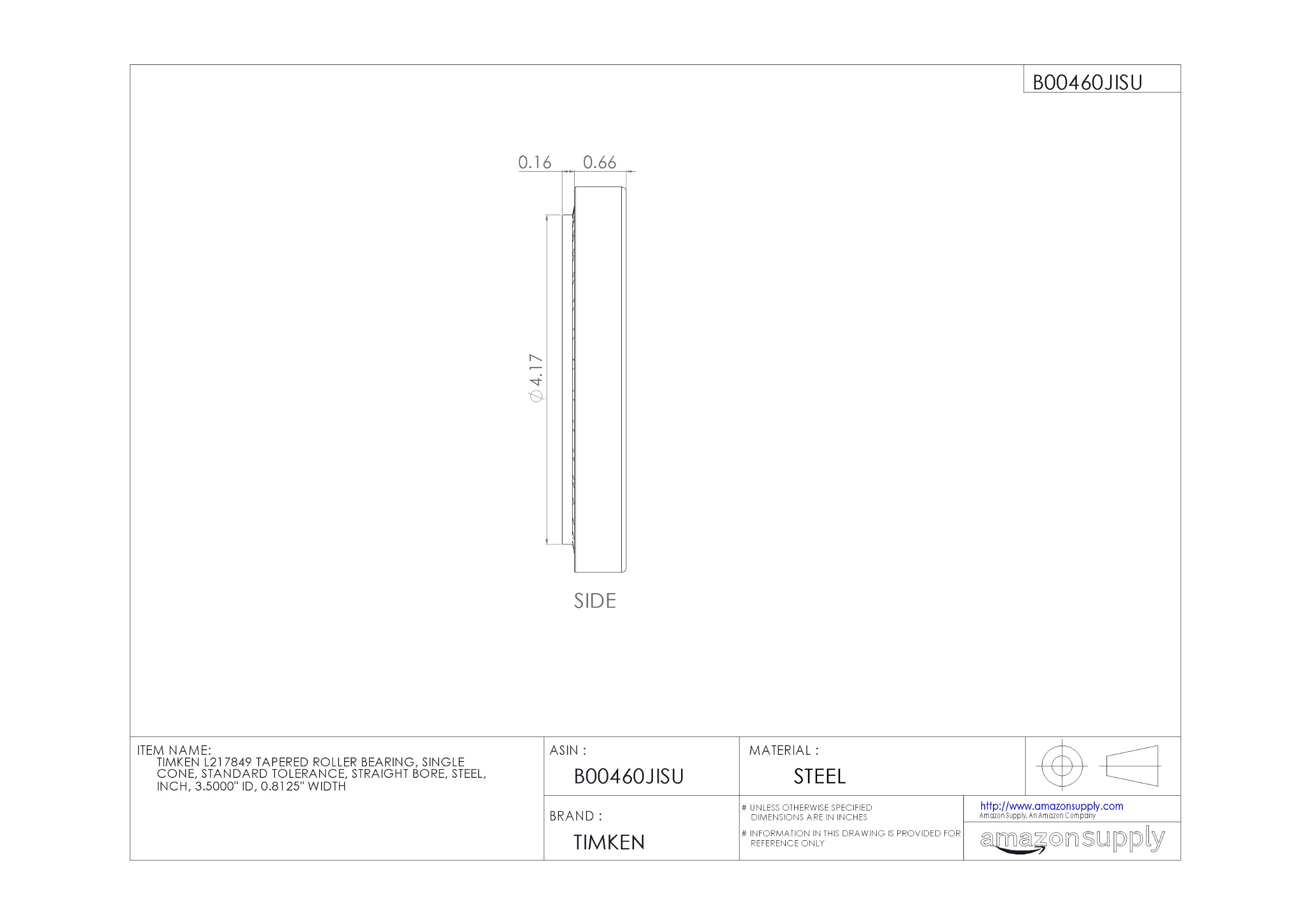 TIMKEN L217849 Tapered Roller Bearing - Single Cone, Steel, Standard Tolerance, 3.5