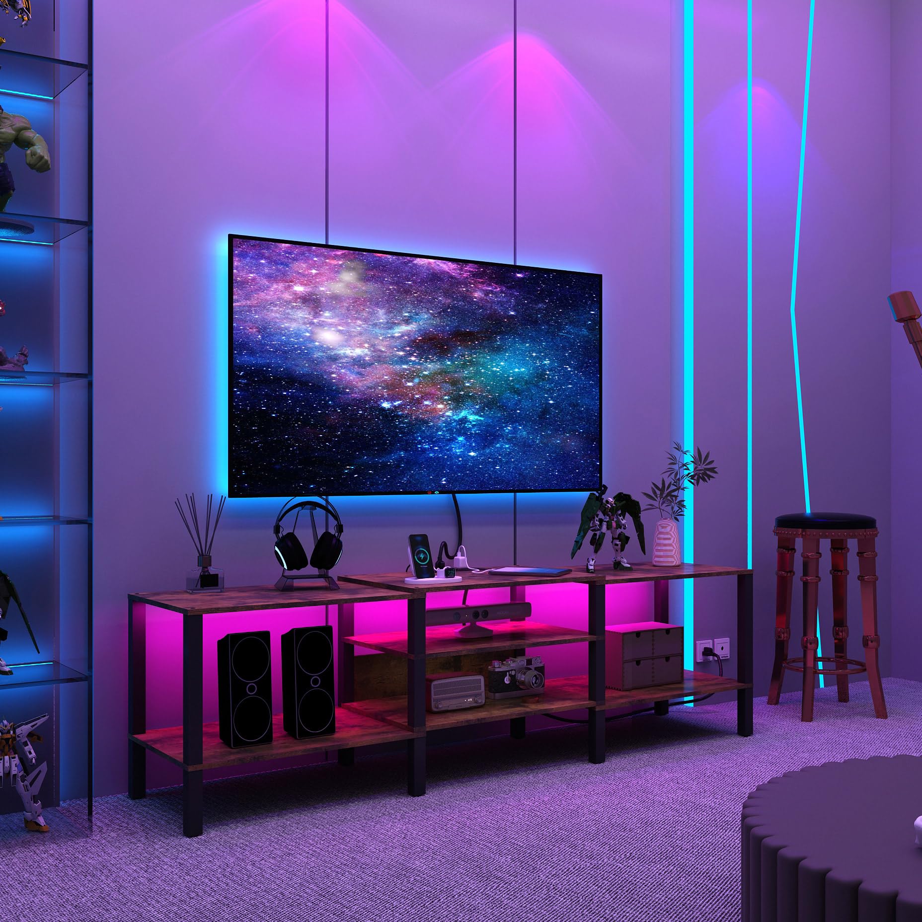 Industrial Rustic Brown Wood TV Stand with Power Outlet - 45/55/65/75 Inch LED TV Media Console & Entertainment Center for Living Room - Perfect for Home Theater Setup & Modern Living Spaces