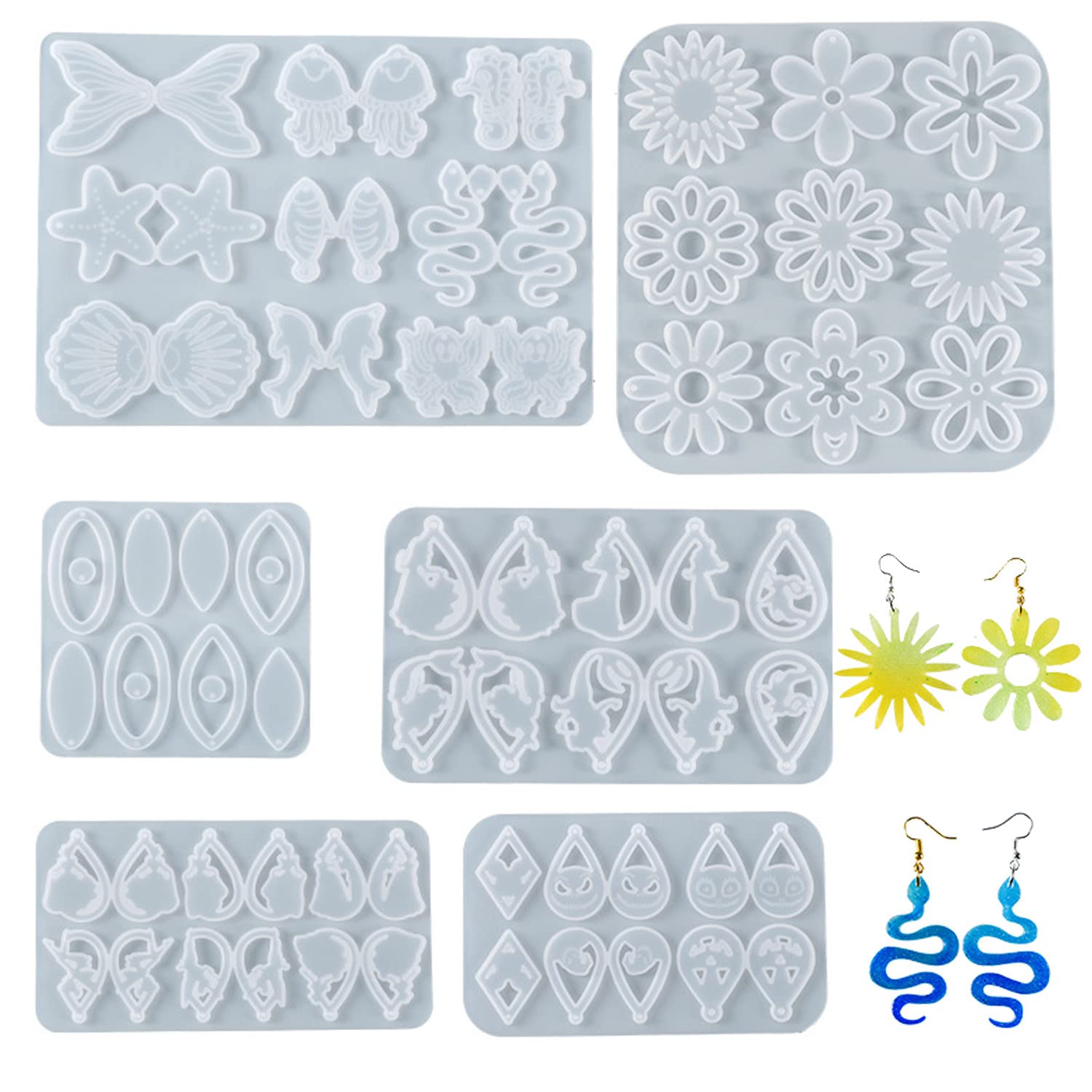 Epoxy Resin Earring Molds Set - 6PCS Halloween Flower & Sea Animal Silicone Molds with Ear Hooks & Jump Rings for DIY Jewelry Making, Resin Crafts - Perfect for Halloween Costumes, Beach Parties & Handmade Gifts