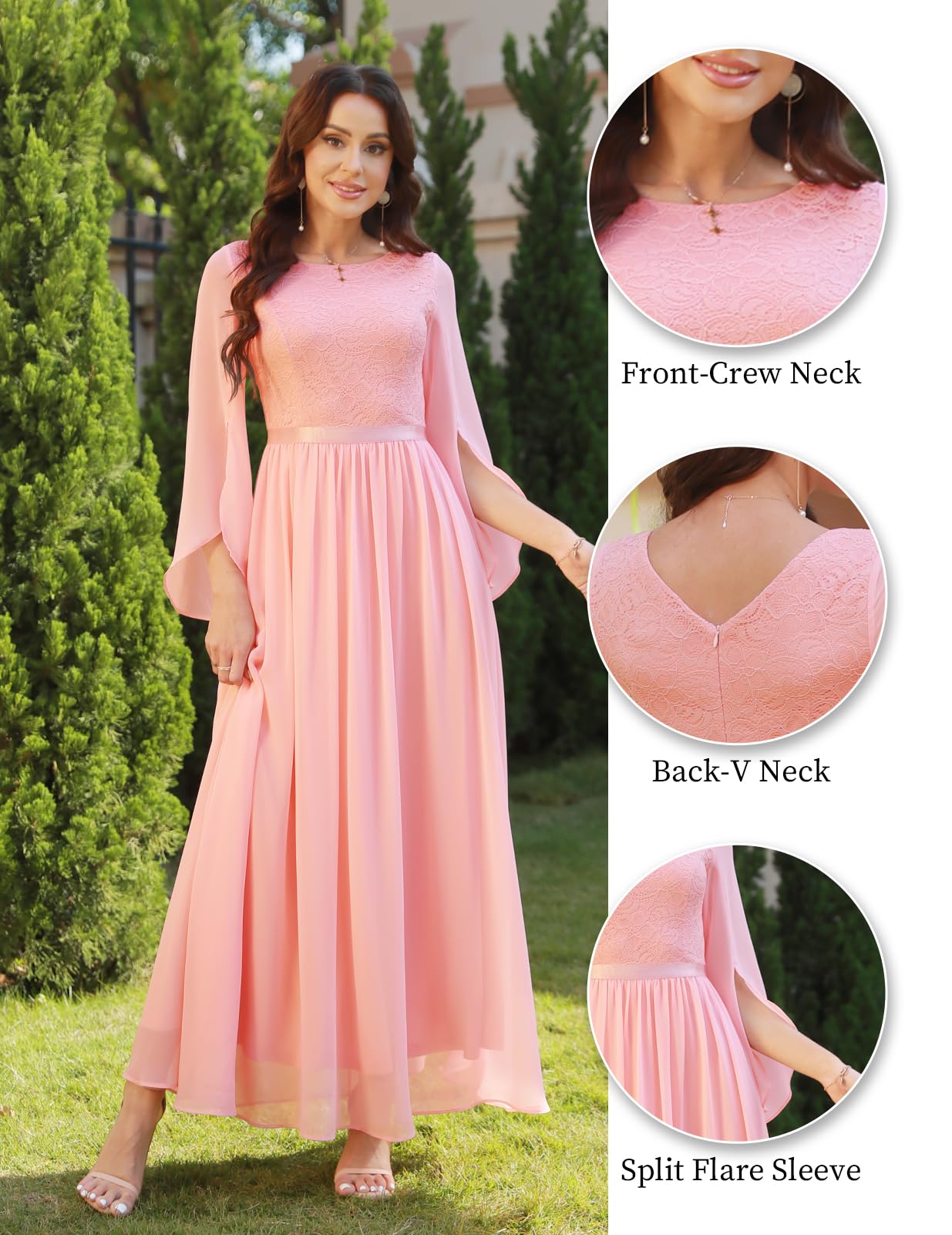 DRESSTELLS Women's Elegant Lace Chiffon Long Dress for Wedding Guest, Bridesmaid, Prom, Party & Evening Events 2024 - Perfect for Formal Occasions, Church Gatherings and Special Celebrations
