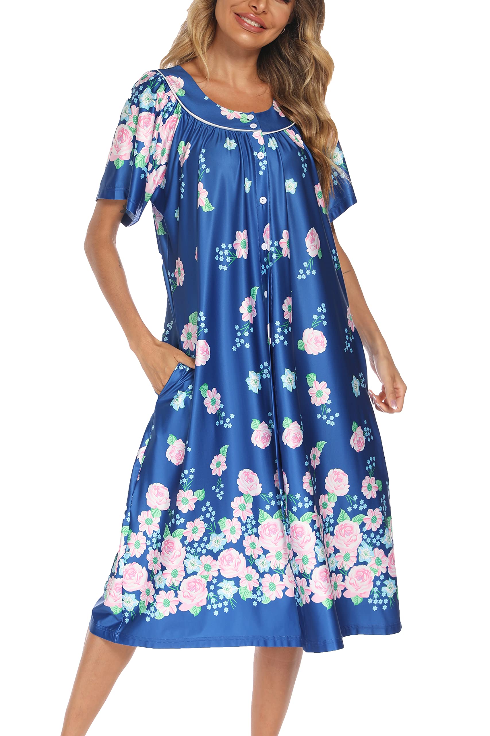YOZLY Women's Short Sleeve House Dress - Comfortable Mumu Duster Robe with Pockets for Lounge & Home Wear | Perfect for Relaxing, Maternity, Nursing & Housework
