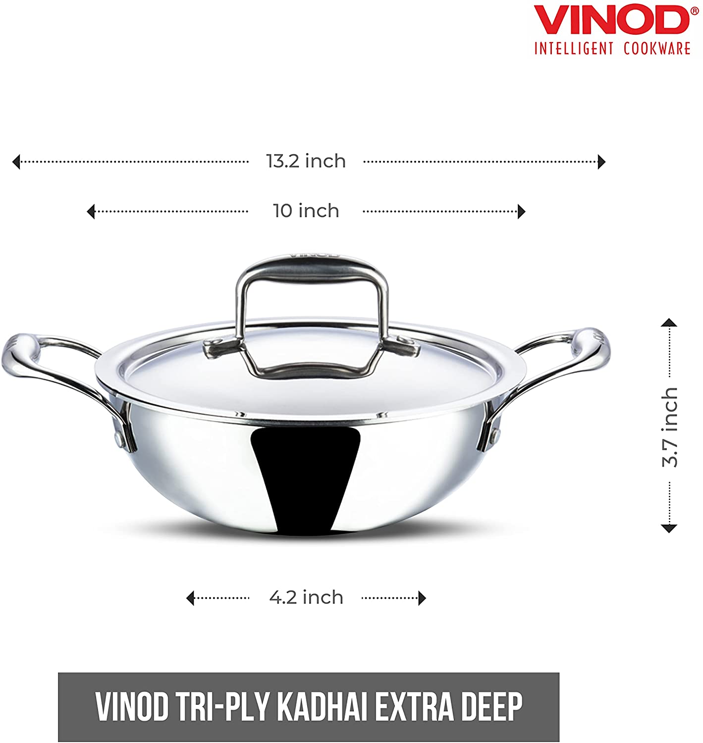 Vinod Platinum Triply Stainless Steel Extra Deep Kadai with Lid - 24cm (3.2L) Induction Compatible Cookware for Indian Cooking, Deep Frying & Stews - Heavy Duty Kitchen Pot for Home & Restaurant Use
