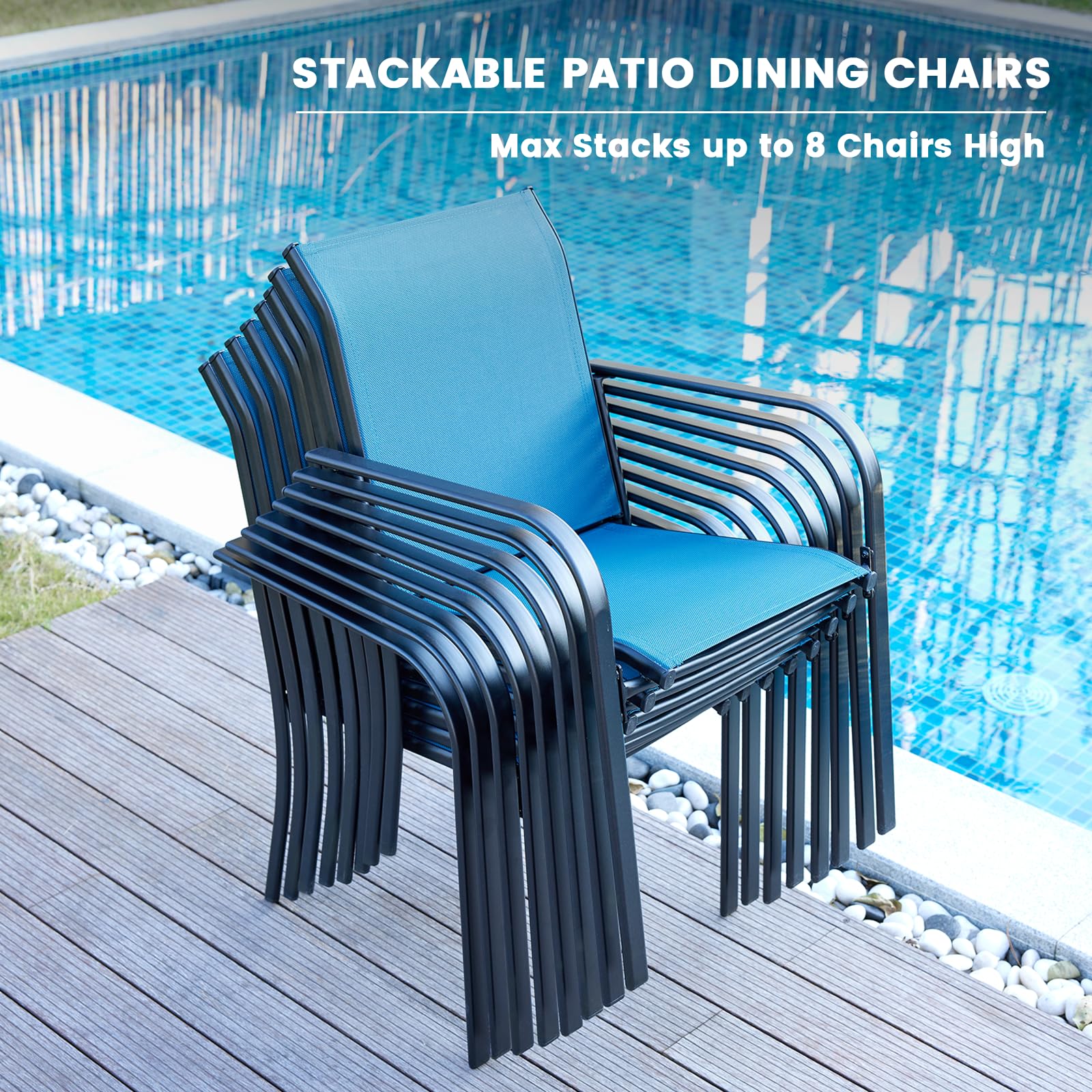 VICLLAX 3-Piece Small Patio Dining Set - Outdoor Stackable Chairs & Table with Storage Shelf (Blue Chairs, Black Table) for Balcony, Garden, Poolside & Backyard Relaxation