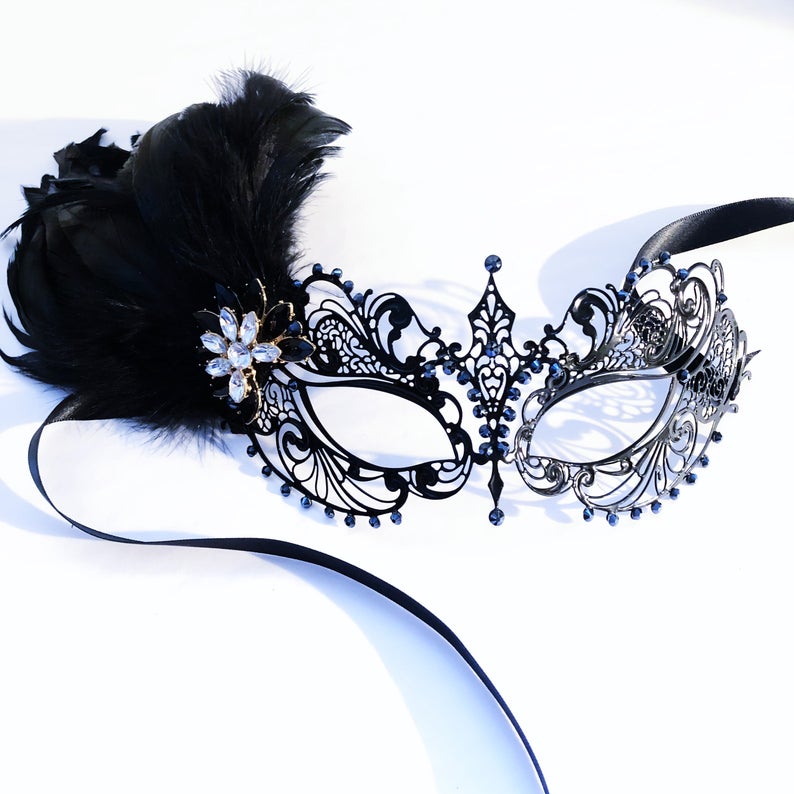 Ana Metal Mask - Elegant Onyx & Black Feather Design for Cosplay, Halloween, and Masquerade Parties | Gothic Fashion Accessory