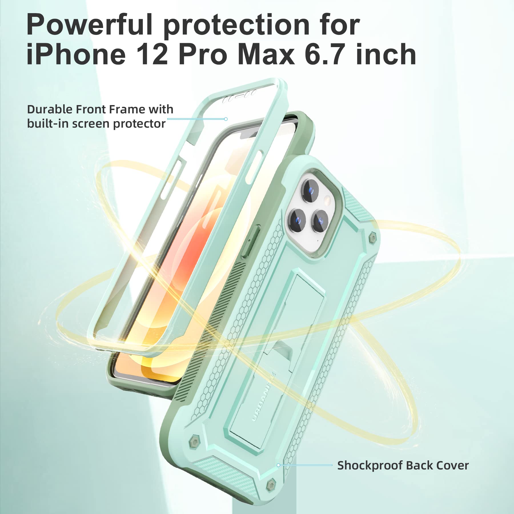 Premium URBANITE iPhone 12 Pro Max Case 6.7 Inch - Military Grade Shockproof Dual Layer Protection Cover with Built-in Kickstand & Screen Protector (Mint Green) - Perfect for Outdoor Activities, Travel & Daily Use