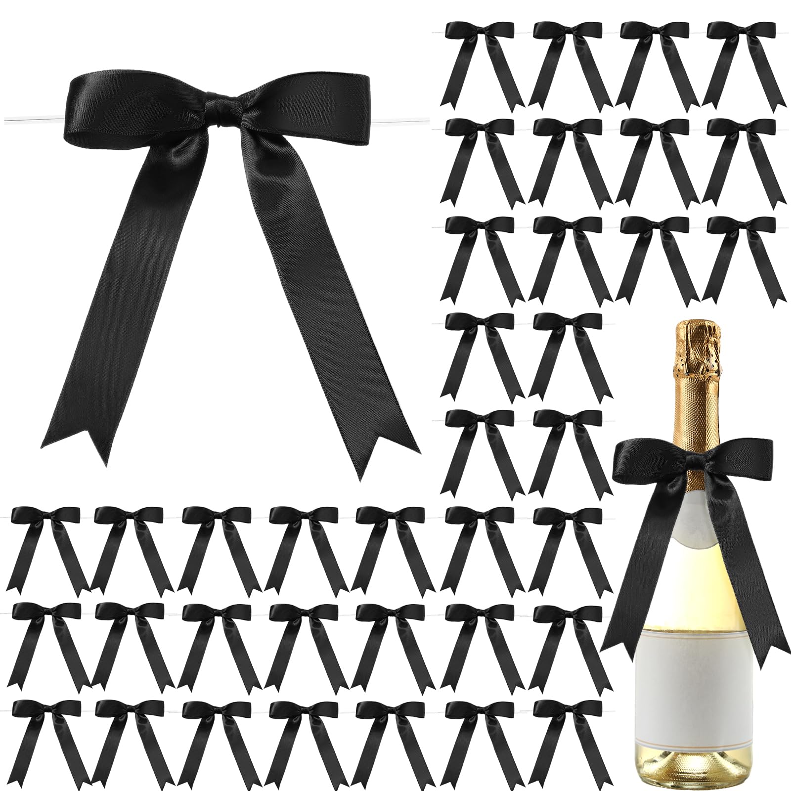 50 Pcs Large 5x7 Inch Satin Ribbon Bows for Gift Wrapping - Twist Tie Bows for Champagne Bottles, Cake Decorating, Treat Bags, DIY Crafts, Wedding, Baby Shower, Bridal Shower, Christmas & Birthday Party Decorations (Black) | Elegant Gift Packaging Accessories for Special Occasions