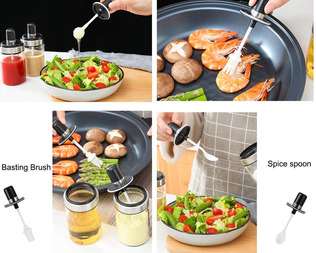 Premium Borosilicate Glass Food Storage Jars with Spoon & Olive Oil Bottle with Brush - 250ml Kitchen Spice Salt Sugar Condiment Containers (Set of 2, Transparent) - Perfect for Pantry Organization, Cooking & Baking Essentials