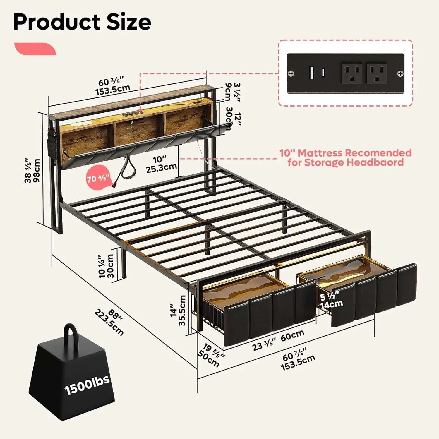 Bestier LED Bed Frame with Hidden Storage Headboard - Queen Size Modern Platform Bed with USB Ports & Touch Control - Perfect for Bedroom, Guest Room & Small Spaces