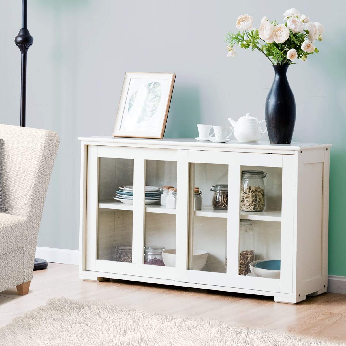 Modern White Wooden Buffet Cupboard with Glass Sliding Doors - Kitchen Storage Sideboard, Contemporary MDF Varnished Cabinet for Dining Room & Living Room Organization