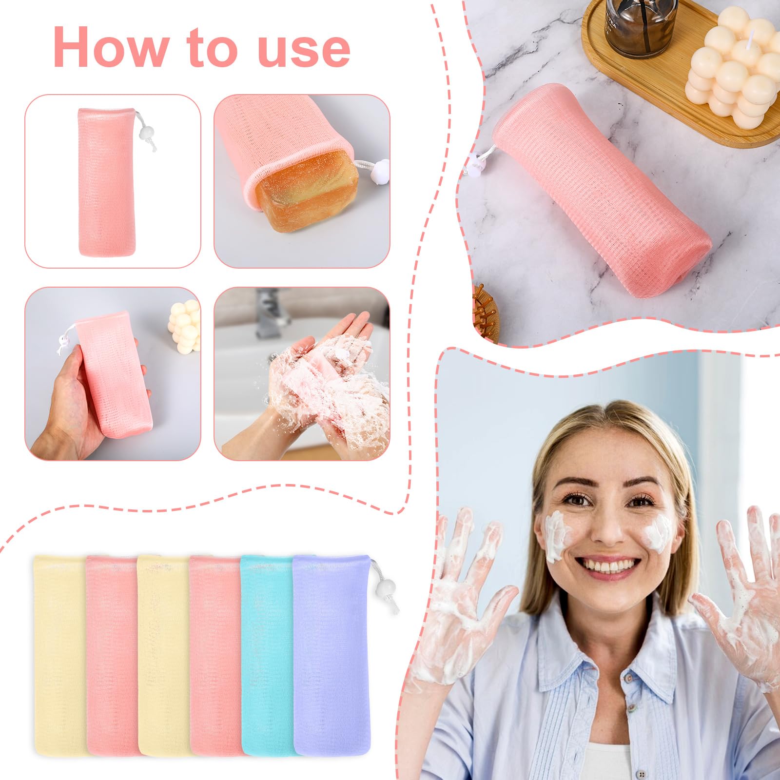 6Pcs Exfoliating Mesh Soap Pouches - Soap Saver Bags with Drawstring for Body & Facial Cleansing | Bath & Shower Essentials | Perfect for Travel, Gym & Spa Days