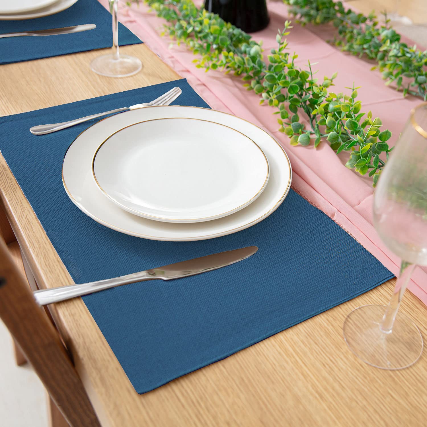 Premium 8-Piece Linen-Like Polyester Placemats Set - Machine Washable, Heat Resistant & Wrinkle-Free Thick Dining Table Mats for Kitchen & Formal Occasions (Navy Blue) | Perfect for Everyday Meals, Dinner Parties & Holiday Gatherings