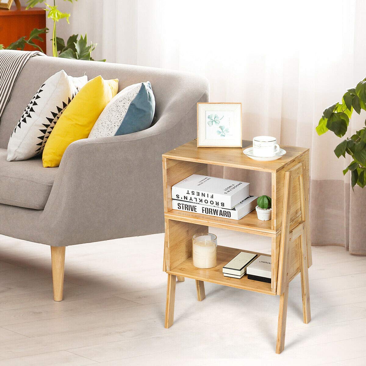 Elegant Bamboo Nightstand with Storage Shelf - Stackable Sofa Table & Bedside Table for Living Room, Bedroom, Reception Room - Set of 2 - Perfect for Small Spaces & Apartment Decor