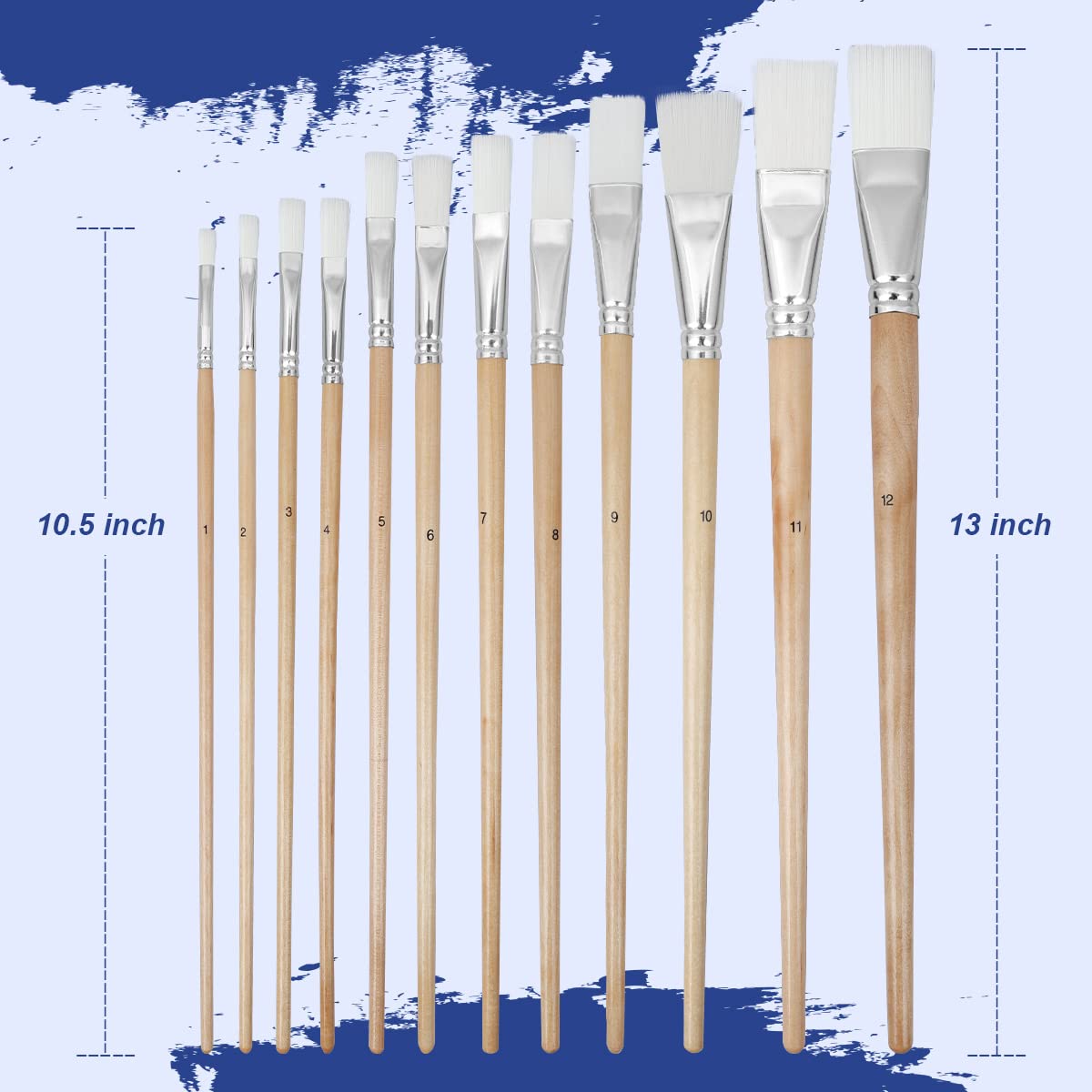 Artkey 12-Pack Professional Flat Tip Paint Brushes Set - Nylon Hair with Long Birchwood Handle for Acrylic, Oil, Watercolor, Gouache & Tempera - Perfect for Canvas Painting, Face Art & Nail Designs - Ideal for Artists, Beginners & DIY Craft Projects
