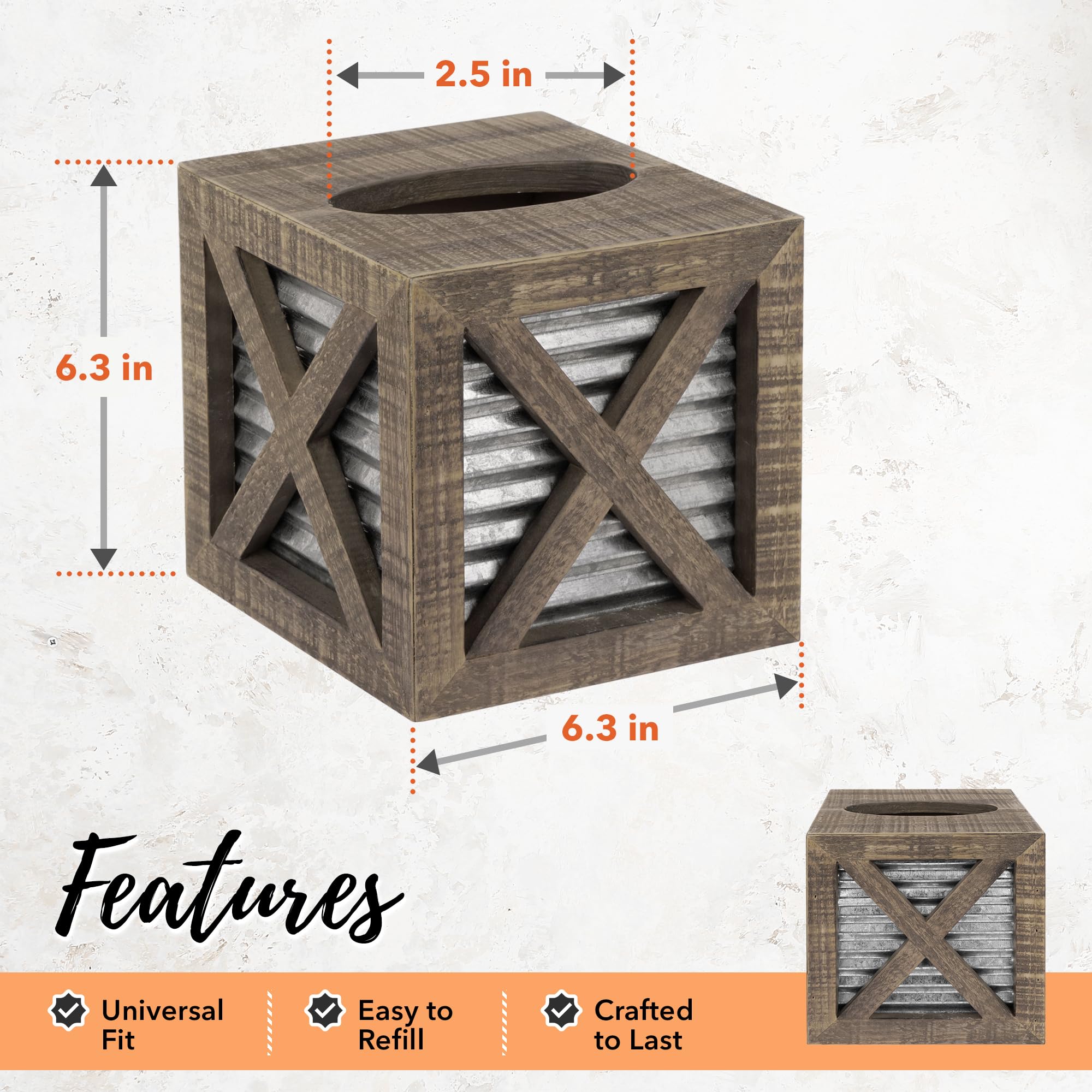 Rustic Square Farmhouse Tissue Box Cover - Wooden Bathroom Tissue Holder with Galvanized Decor for Farmhouse Style Homes | Perfect for Bathroom, Living Room, and Bedroom Décor