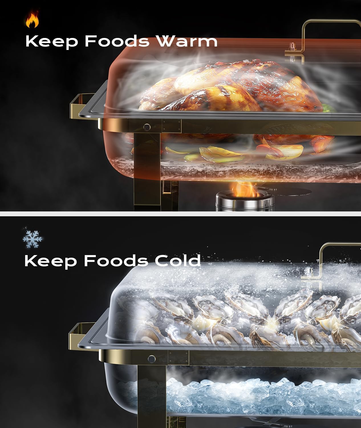 4-Pack Stainless Steel Buffet Chafing Dishes Set - 8QT Elegant & Sturdy Food Warmers for Catering, Weddings, Parties (Gold & Silver) - Keep Meals Hot at Events, Banquets & Buffet Serving