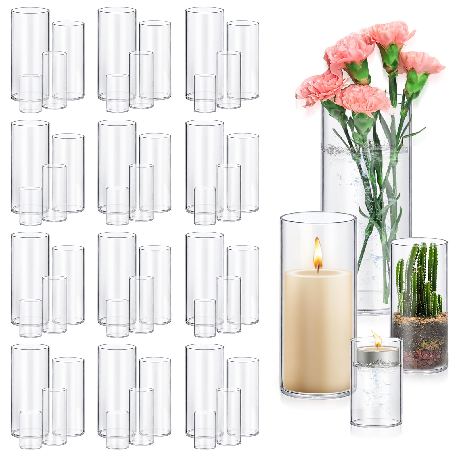48 Pack Glass Cylinder Vases - 4,6,8,10 Inch Tall Clear Flower Vases with Hurricane Floating Candle Holders for Wedding Centerpieces, Home Decor, Party & Event Table Decorations - Perfect for Floral Arrangements, Candle Displays and Elegant Home Styling