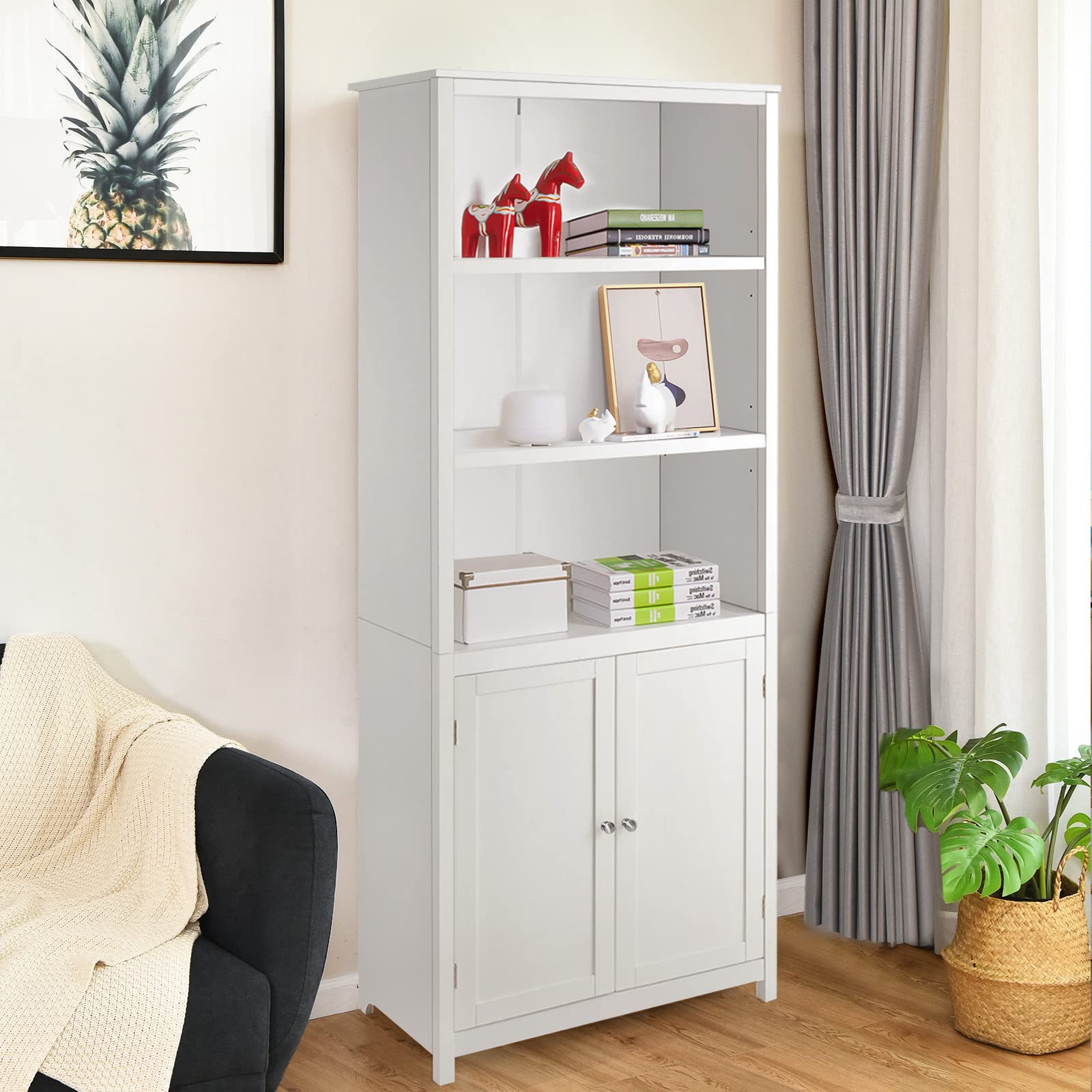 Tangkula 3-Tier Wooden Bookcase with Double Doors - Freestanding Open Shelf Storage for Home Office, Living Room & Library - White Finish | Perfect for Organizing Books, Decor & Essentials in Small Spaces
