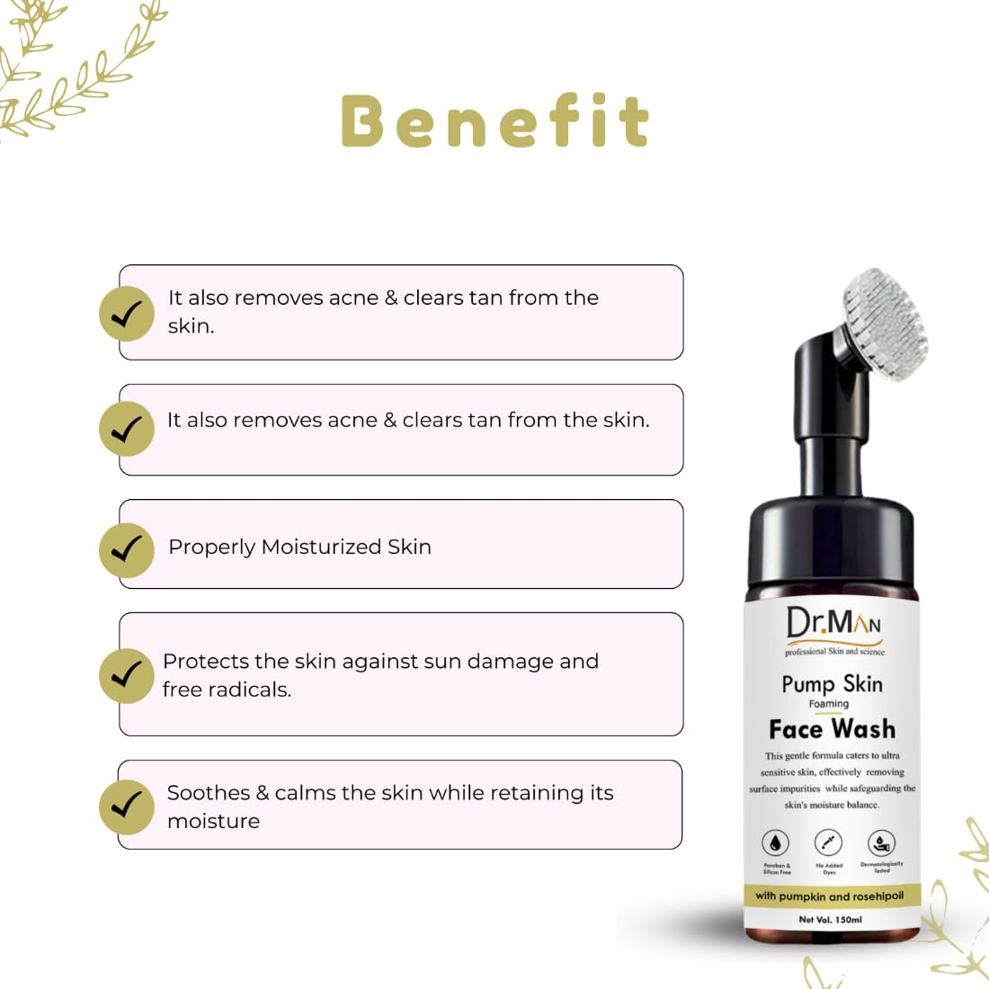 Dr. Man Professional Foaming Face Wash with Pumpkin & Rosehip Oil - 150ml | Gentle Cleanser for Acne-Prone & Sensitive Skin | Daily Skincare Routine