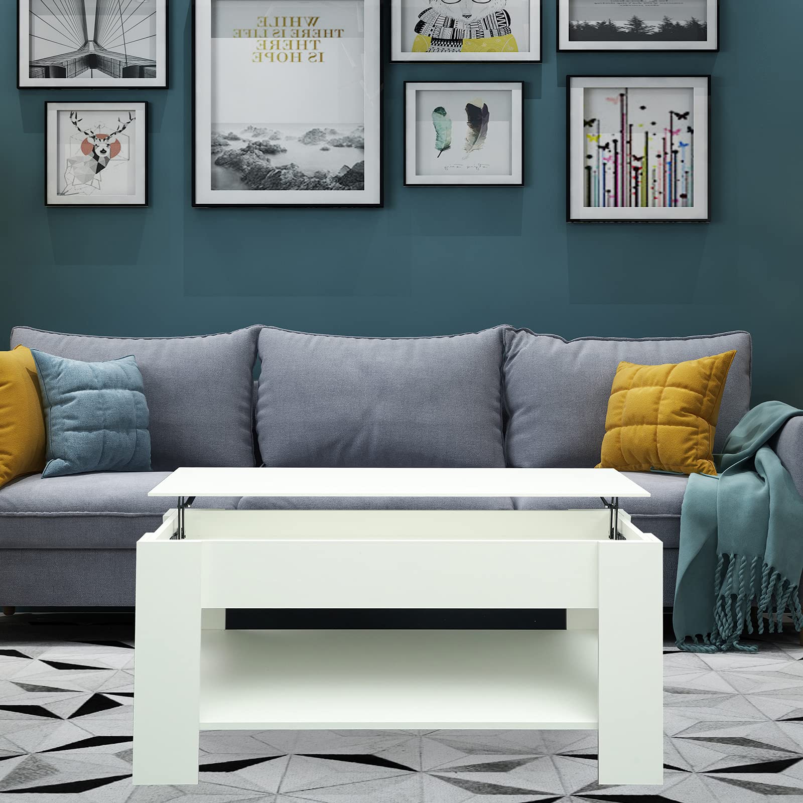 Lift Top Coffee Table with Hidden Storage & 2 Open Shelves - White Modern End Table for Living Room, Reception Area, Office - Perfect for Small Space Organization & Remote Work Setup