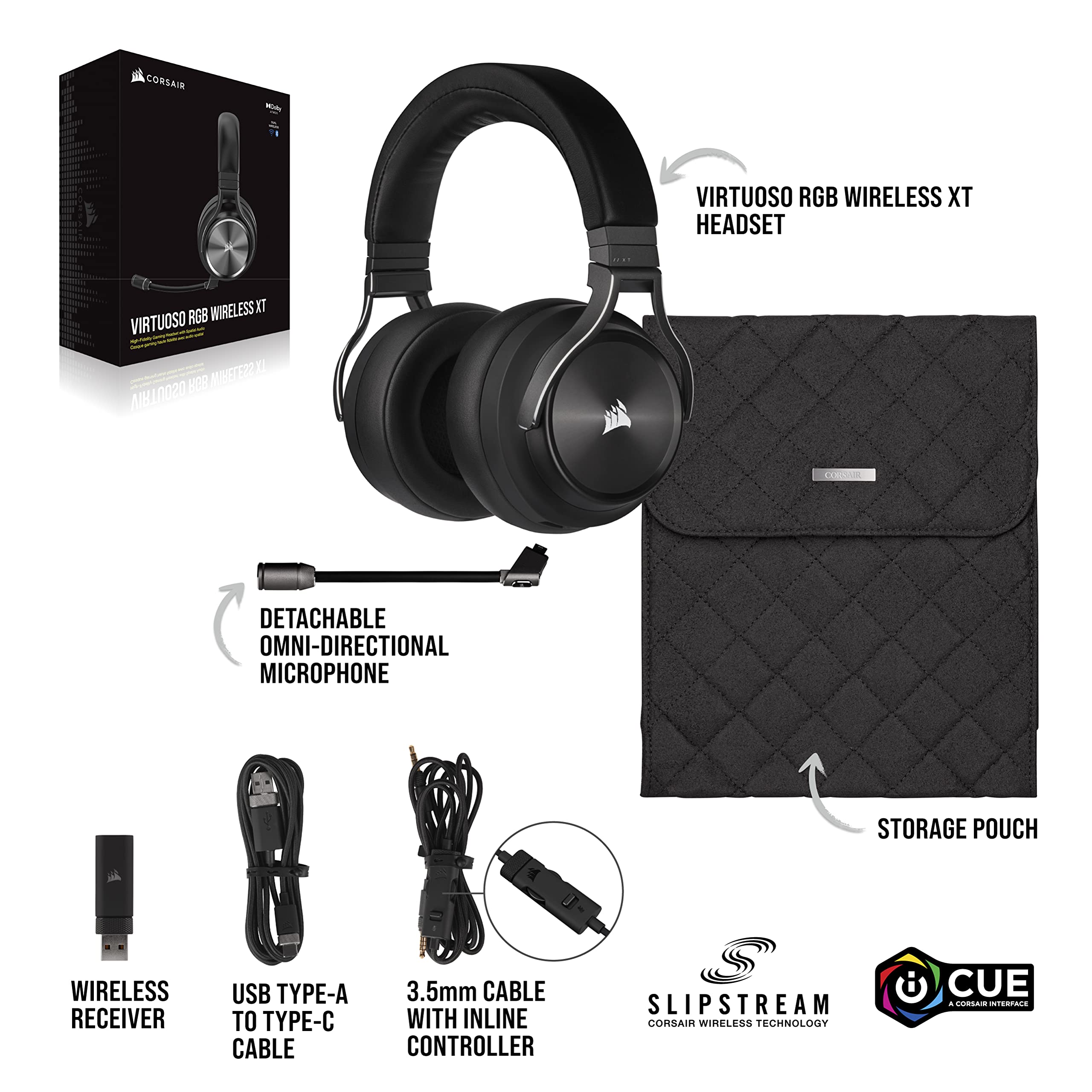 CORSAIR VIRTUOSO RGB WIRELESS XT Gaming Headset with Bluetooth, Dolby Atmos & Broadcast Mic - Multiplatform (PC, Mac, PS5, PS4, Nintendo Switch, Mobile) - iCUE Compatible - Black - Perfect for Gaming, Streaming & Remote Work