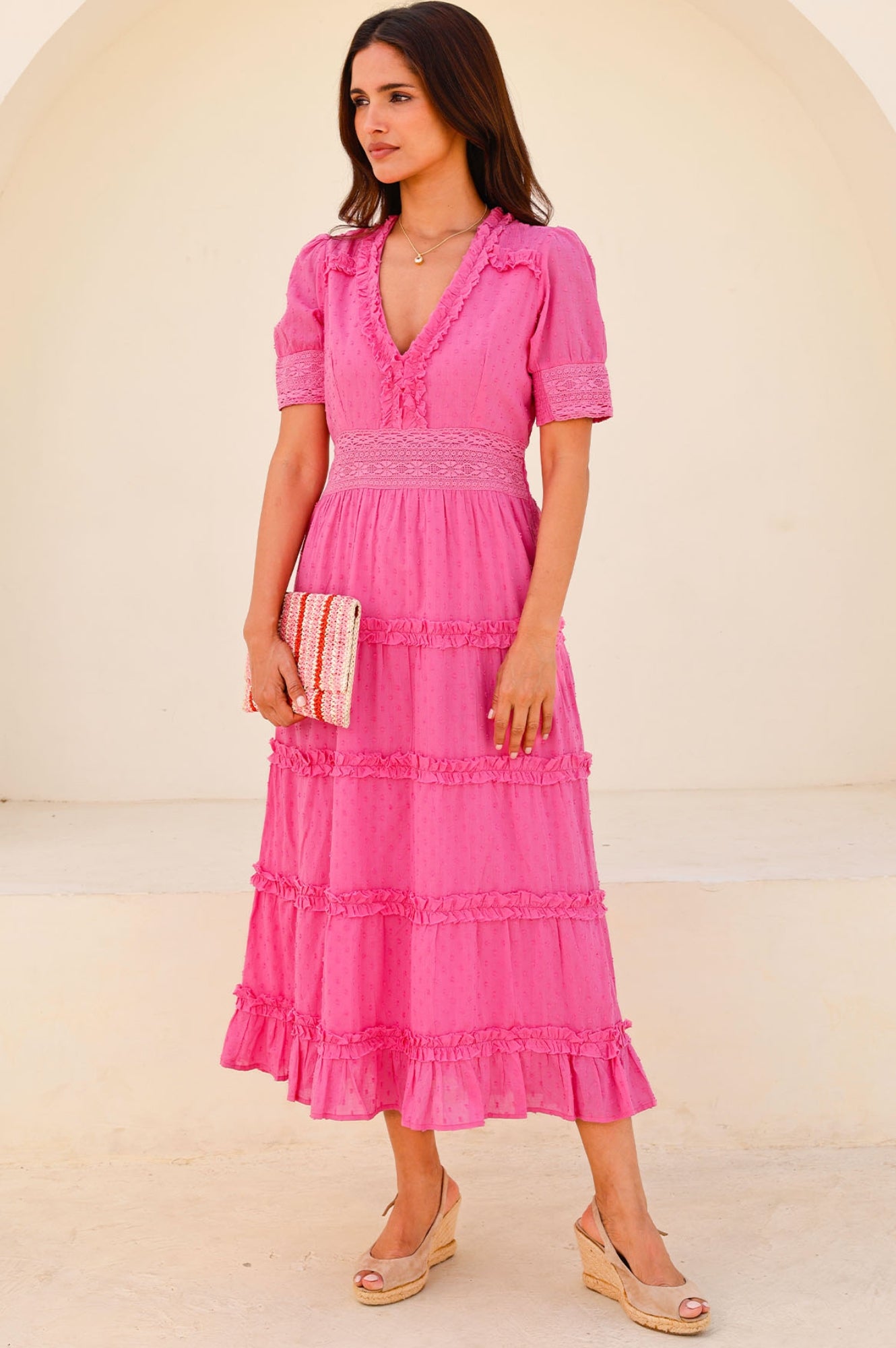 Organic Cotton Viola Short Sleeve Dobby Dress - Bright Pink | Casual Summer Outfit, Beach Cover-Up, Boho Chic Style