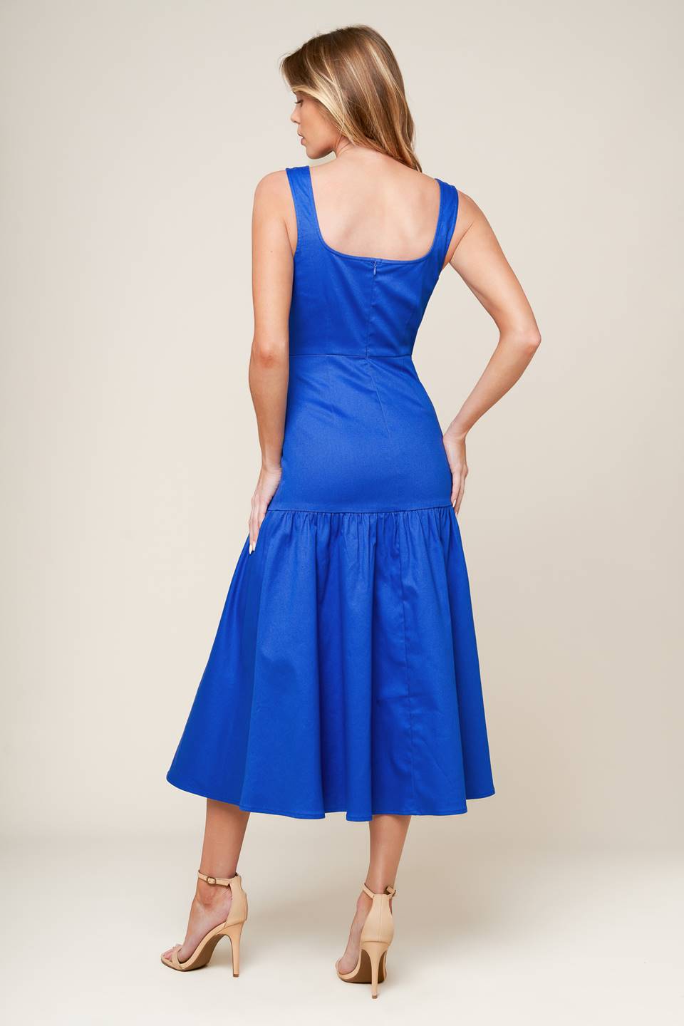 Bonnie Blue Midi Dress with Square Neckline & Drop Waist - Elegant Women's Summer Dress for Casual Outings, Weddings & Beach Vacations
