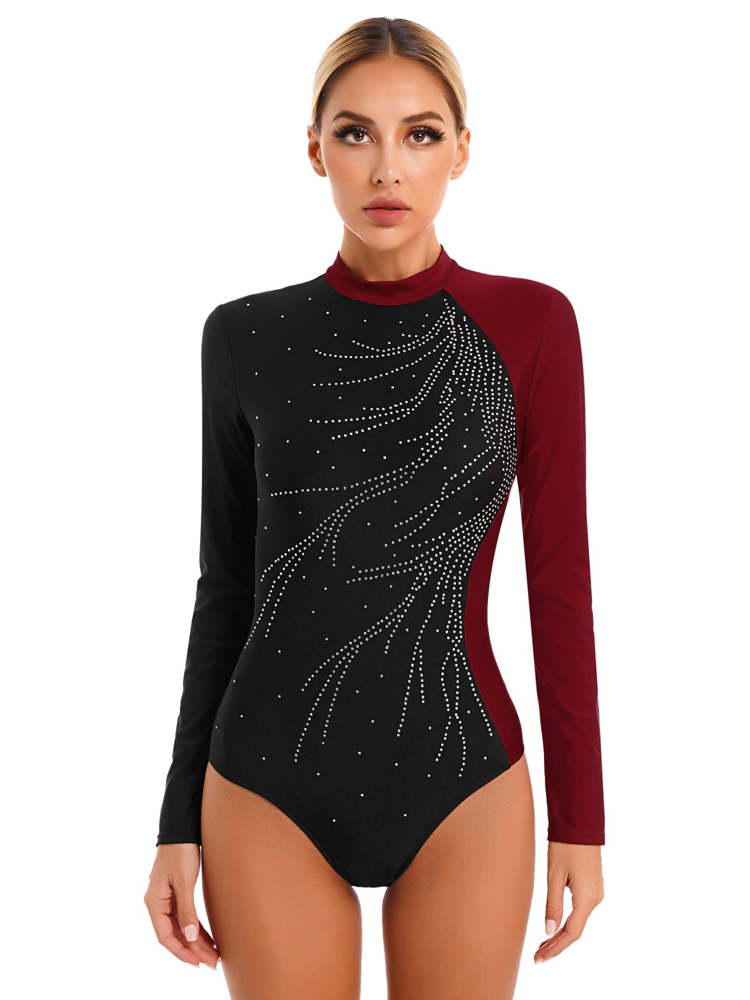 Hansber Women's Rhinestone Ballet Leotard - Long Sleeve Gymnastics Bodysuit for Dance Performances, Recitals, and Practice