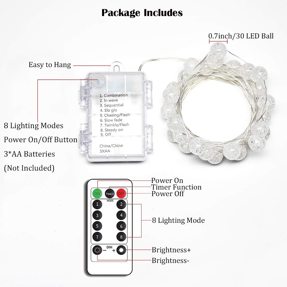 Globe String Lights - 10ft 30 LED Crystal Ball Fairy Lights with Remote Control, 8 Lighting Modes, Warm White Battery Operated Waterproof for Indoor Outdoor Bedroom Garden Party Wedding Decor - Perfect for Creating Romantic Atmosphere in Backyard, Patio, Christmas, Anniversary and Special Events