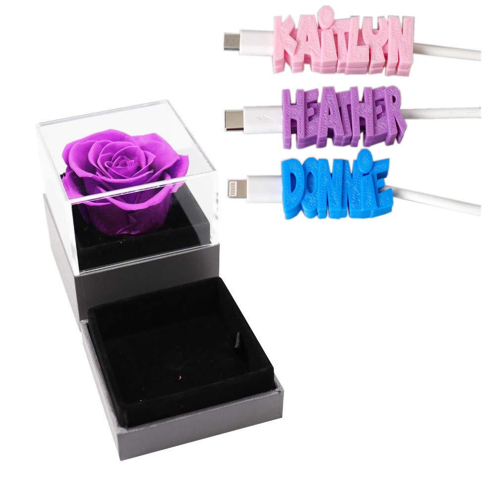 Personalized USB Cable Clip Label - Custom Name Cable Organizer for iPhone & Android Chargers - Eternal Preserved Real Rose Gift Box - Perfect for Valentine's Day, Anniversary & Romantic Gifts for Couples