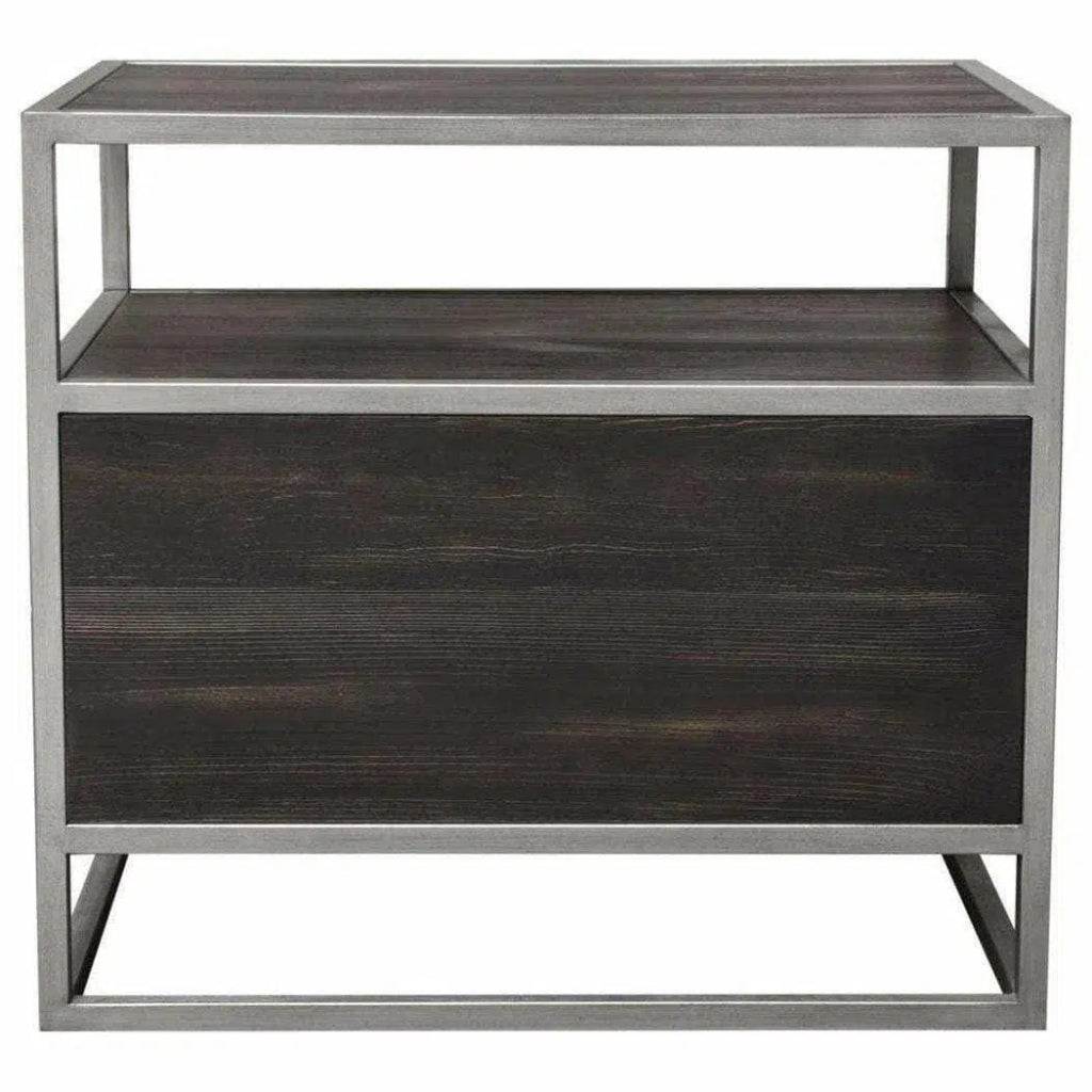 Dark Brown 2-Door End Table with Silver Metal Frame - Perfect for Living Room, Bedroom, or Office Side Table