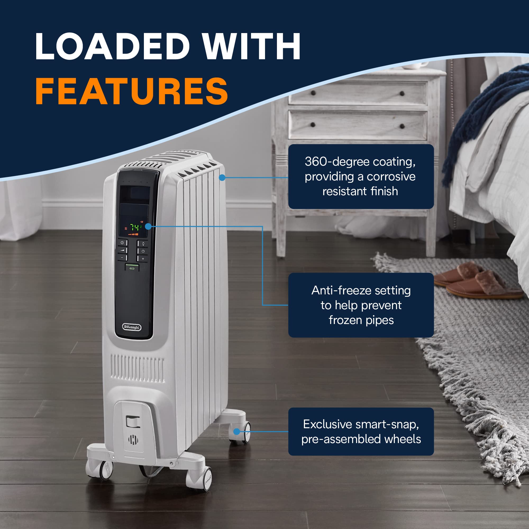 De'Longhi TRD40615E Digital Oil Filled Radiator Heater 1500W - Energy Efficient Electric Space Heater with Programmable Timer & Safety Features for Bedroom, Living Room, Office | Quiet Heating for Winter, All-Day Comfort