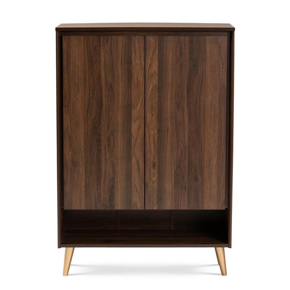 BOWERY HILL Mid-Century Modern 2-Door Shoe Storage Cabinet - Solid Wood Entryway Organizer with Adjustable Shelves, Brown - Perfect for Small Spaces, Hallways & Closet Organization