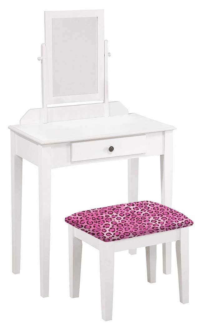 White Wood Vanity Makeup Table with Mirror & Matching Animal Print Bench - Free Handheld Mirror Included (Pink Cheetah Cotton) | Perfect for Bedroom Dressing, Makeup Organization & Glam Room Decor