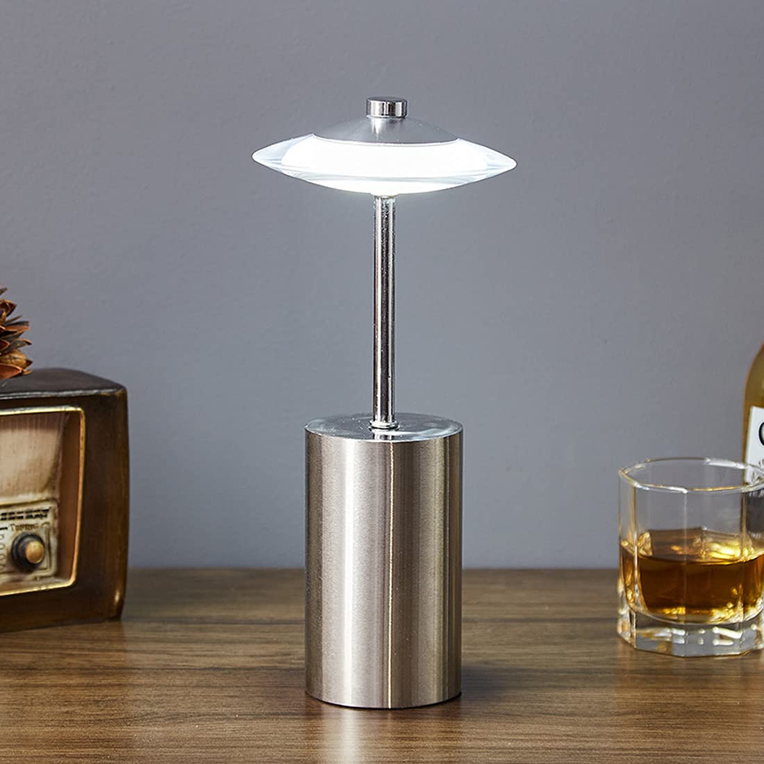 Rechargeable Touch Bedside Lamp - Silver LED Dimmable Night Light, 6000K White Light, Modern Stainless Steel Table Lamp for Bedroom, Dining Room, Bar & Coffee Table - Cordless & Energy Efficient