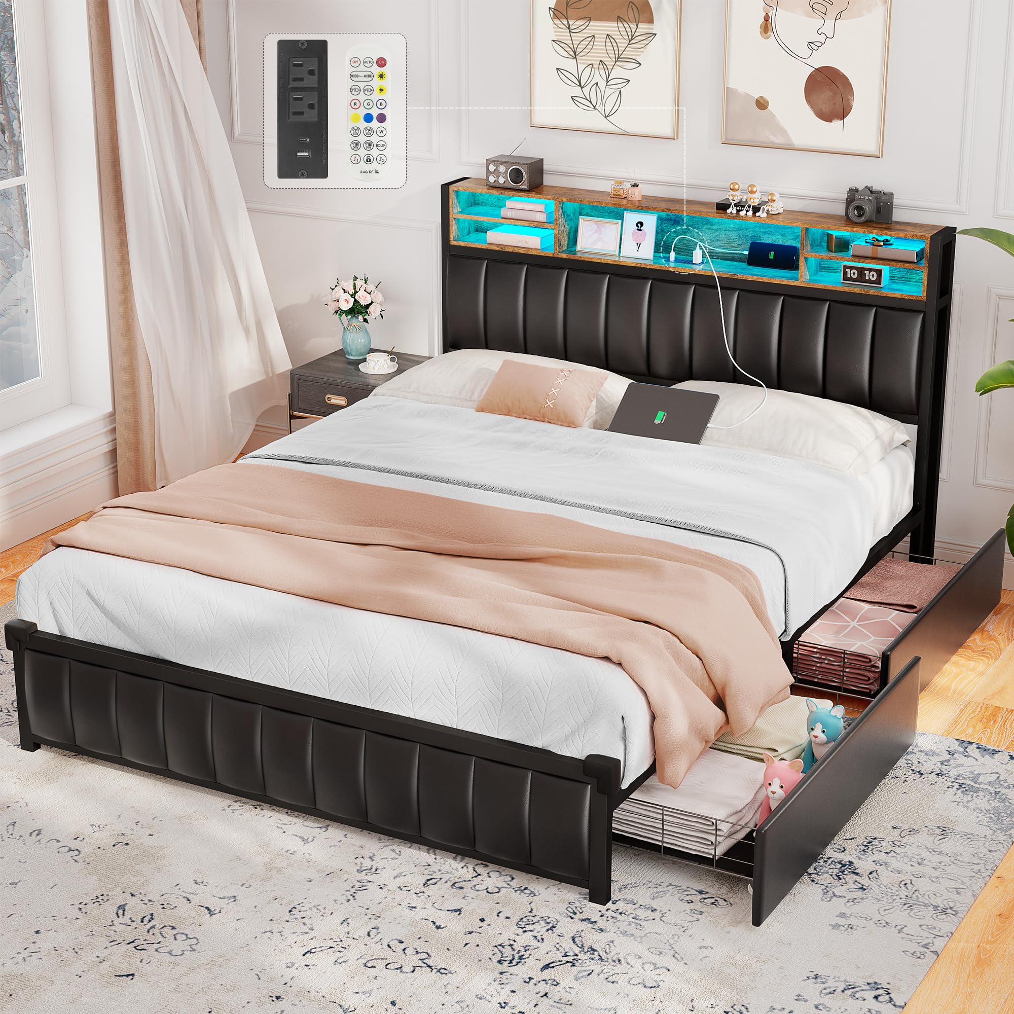 Alohappy Queen Size Upholstered Platform Bed Frame with 4 Storage Drawers, Bookcase Headboard, USB-C/USB Charging Station & LED Lights - No Box Spring Needed - Modern Black Bedroom Furniture for Small Spaces & Studio Apartments