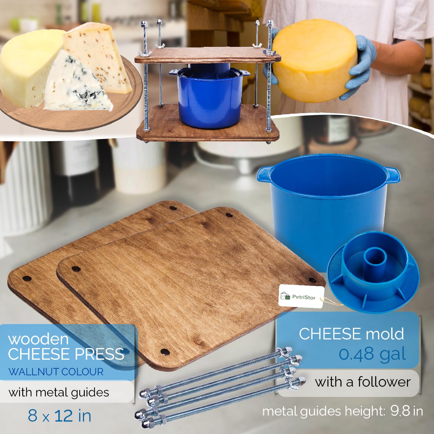 Premium Wooden Cheese Press Kit - 12in Plywood with 1/2in Thick Metal Guides & Cheese Mold - 1/2 Gallon Capacity - DIY Cheese Making Supplies for Home Cheesemakers - Perfect for Cheddar, Gouda & Artisan Cheeses - Prensa Para Queso Casero - Ideal for Home Kitchens & Small Batch Cheese Production