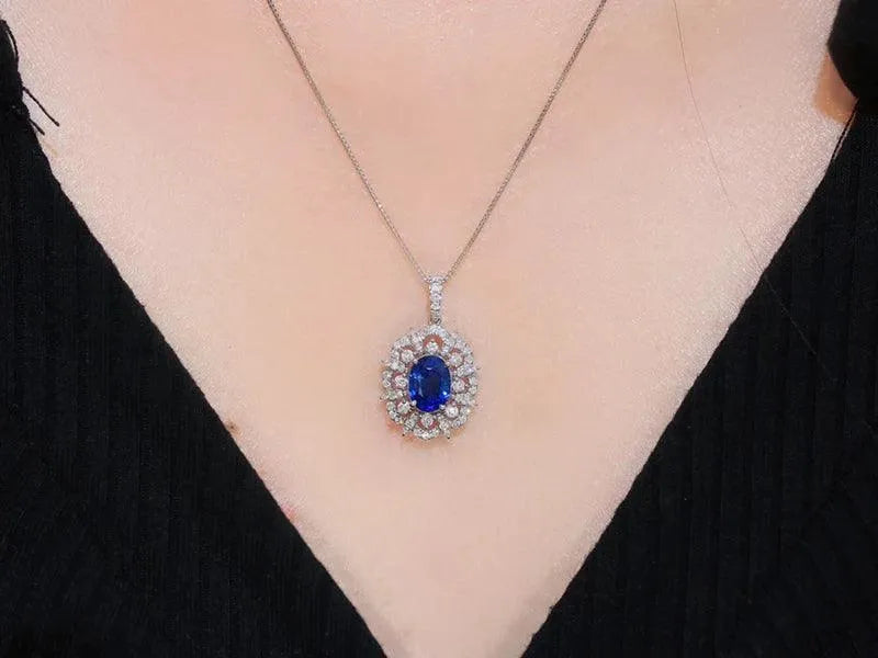 18K White Gold Blue Sapphire Pendant Necklace for Women - Natural Gemstone Diamond Jewelry, Classic & Elegant Gift for Birthday, Anniversary & Special Occasions