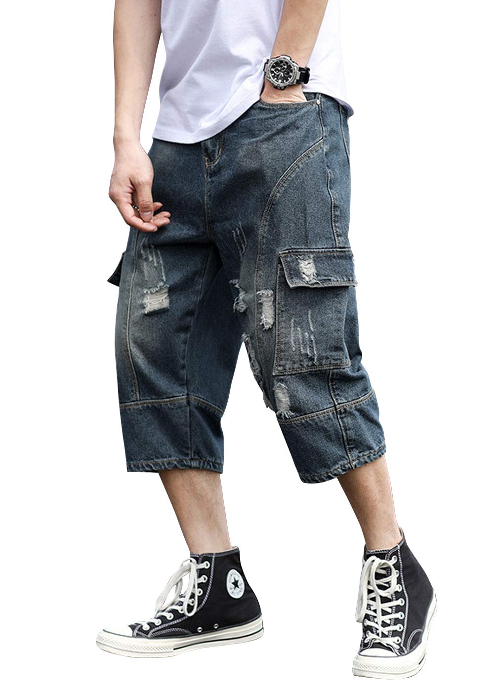 ebossy Men's Loose Fit Ripped Distressed Denim Cargo Shorts - 3/4 Length Below Knee Capri Style for Summer Casual Wear | Perfect for Beach, Streetwear & Outdoor Activities