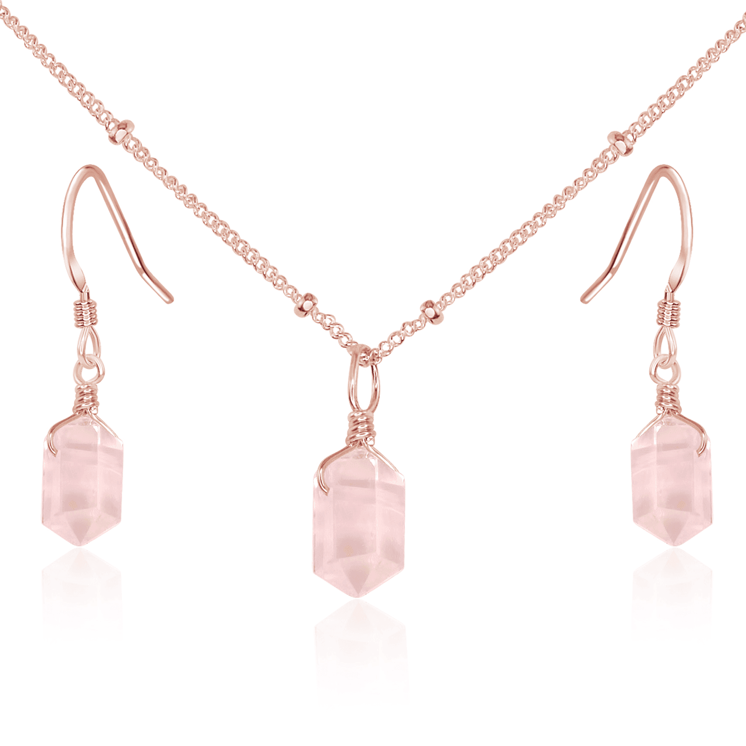 Rose Quartz Double Terminated Crystal Jewelry Set - Healing Stone Necklace & Earrings for Women - Perfect for Meditation, Energy Healing & Spiritual Gifts